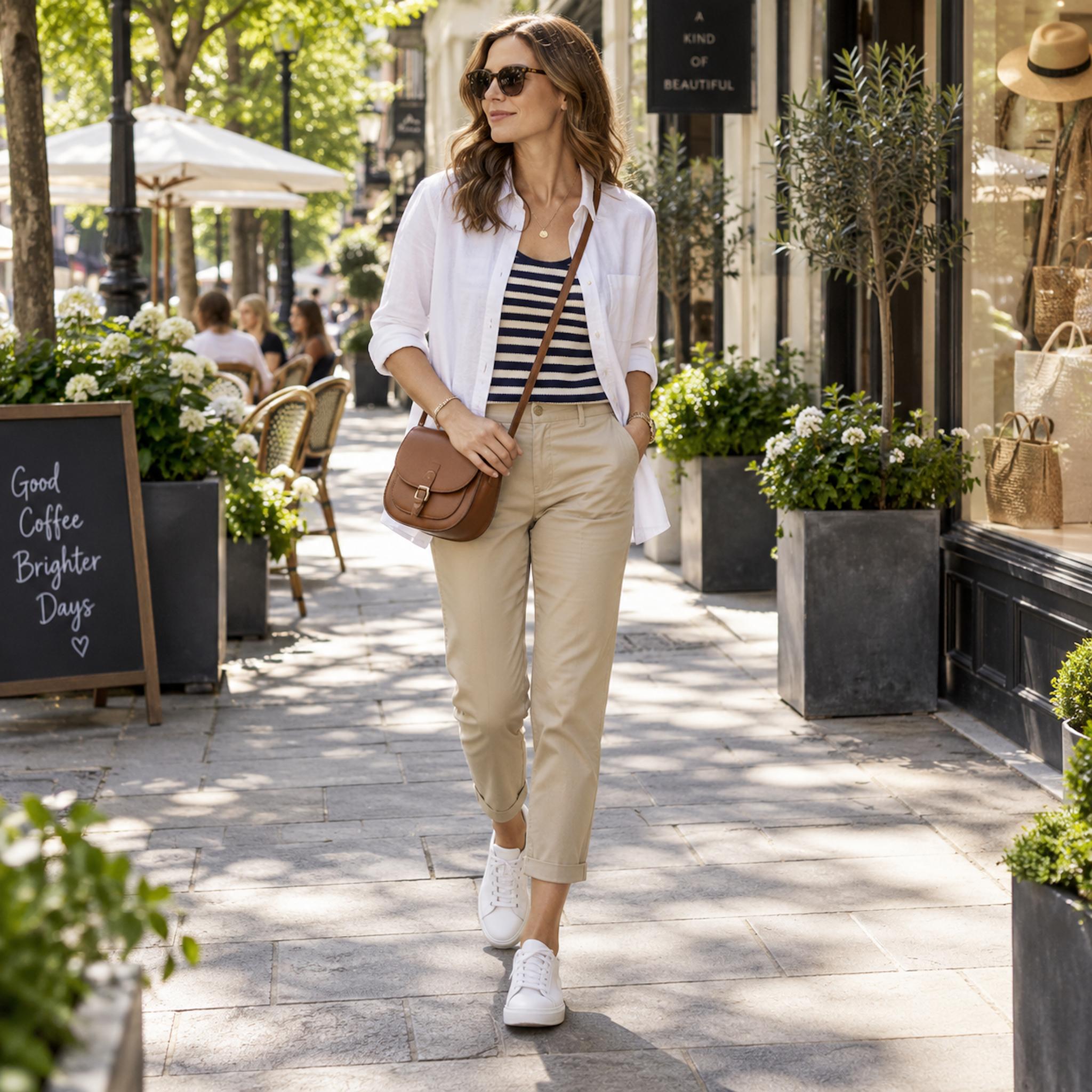 Worn Open Over a Striped Knit Tank With Cropped Chinos and Sneakers
