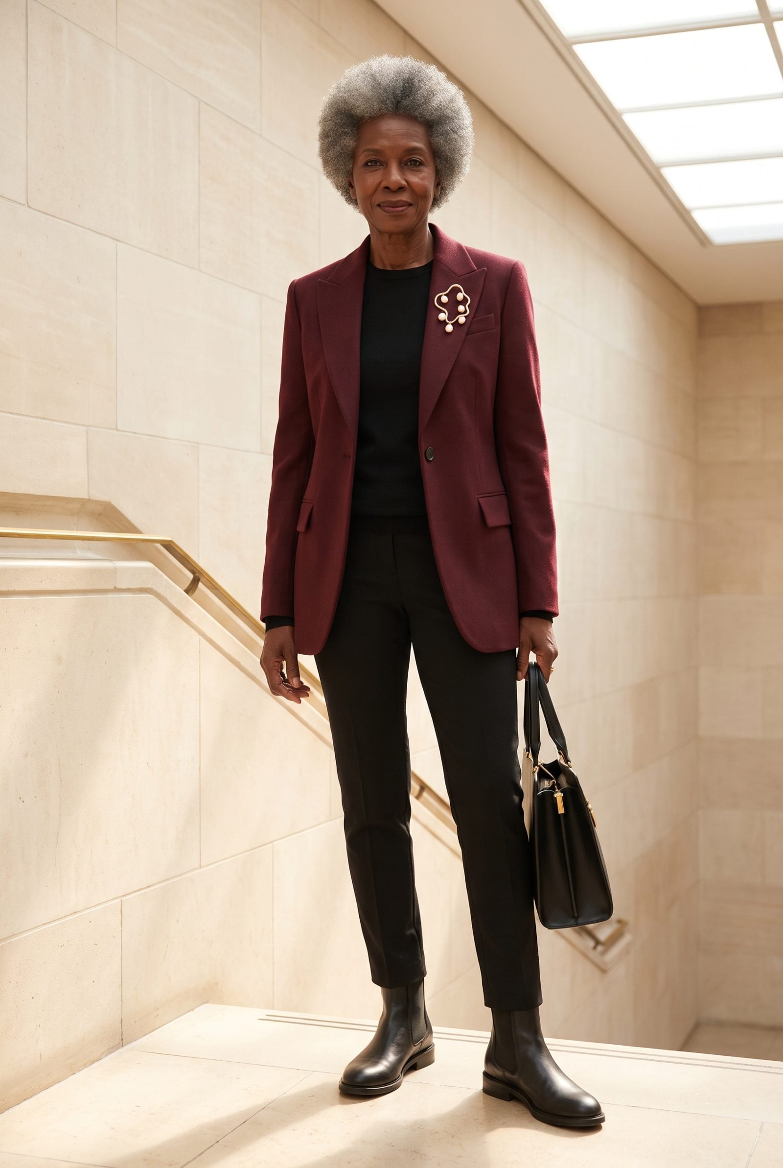 An Abstract Pearl Brooch on a Blazer Lapel