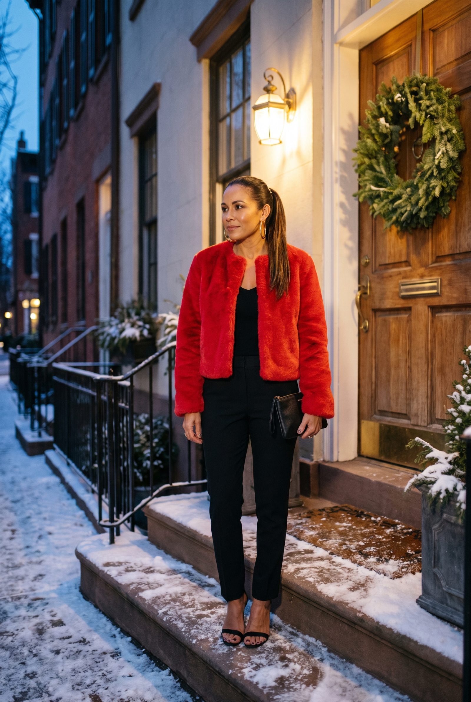 Add a Cropped Red Faux-Fur Jacket
