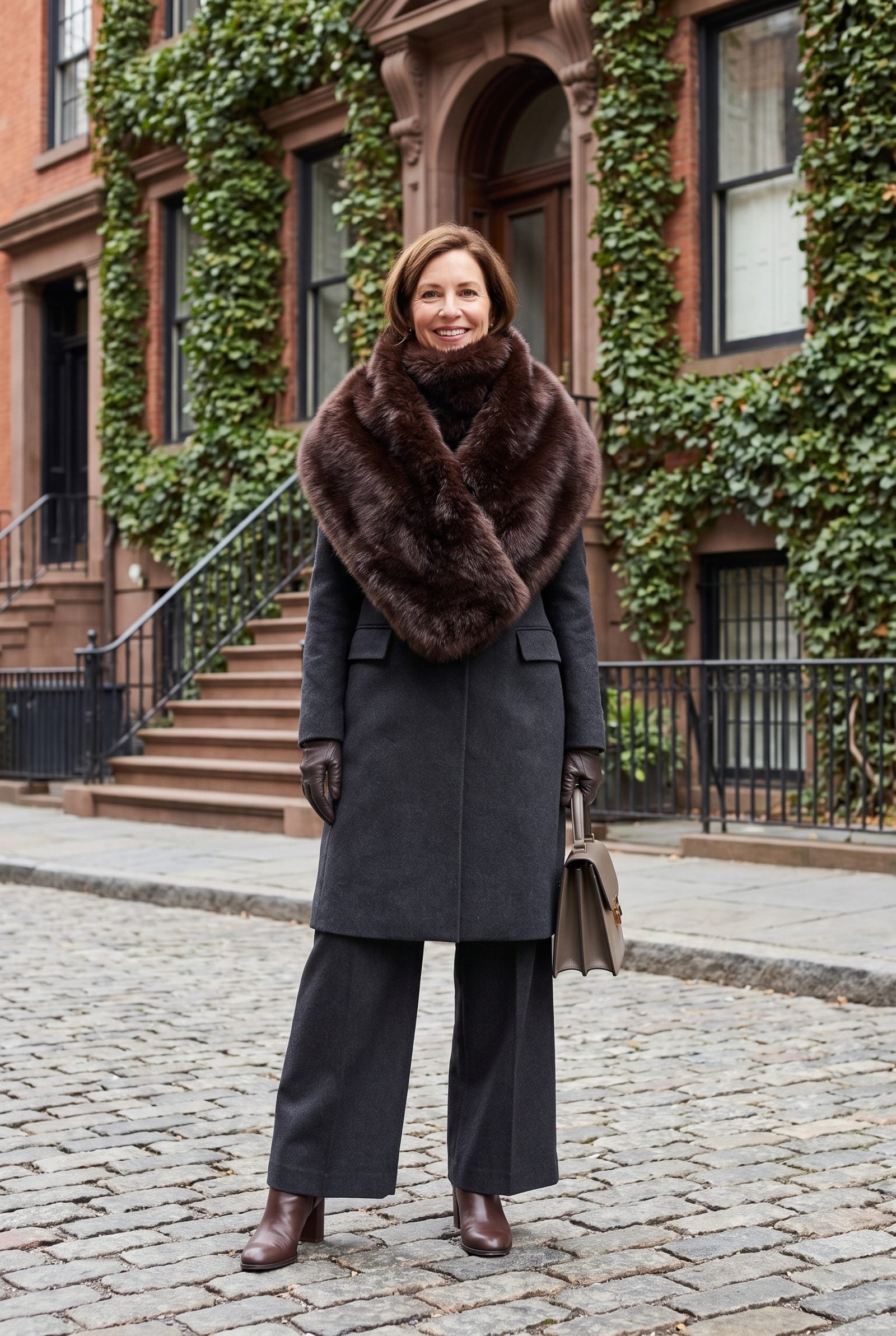 Woman in a burgundy silk gown with a wide cream faux-fur stole wrapping high above the shoulders and covering the neckline.