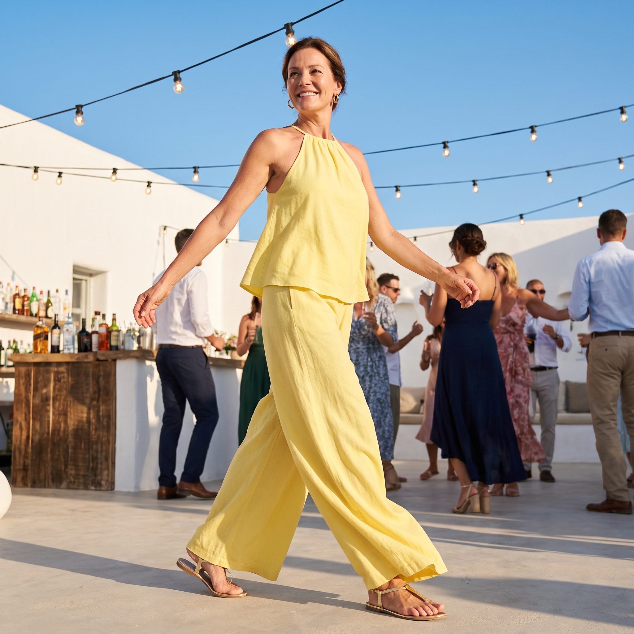 Lemon halter top with matching wide-leg trousers for a wedding after-party