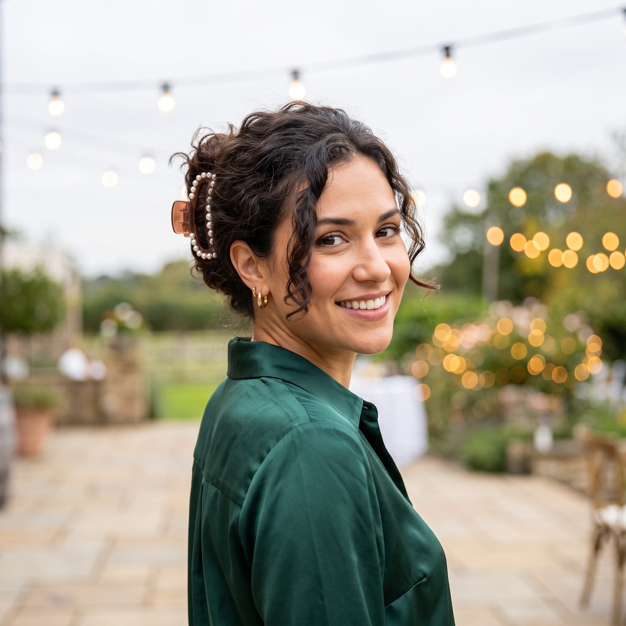 Airy Curly Fringe With a Pearl-Edged Claw Clip