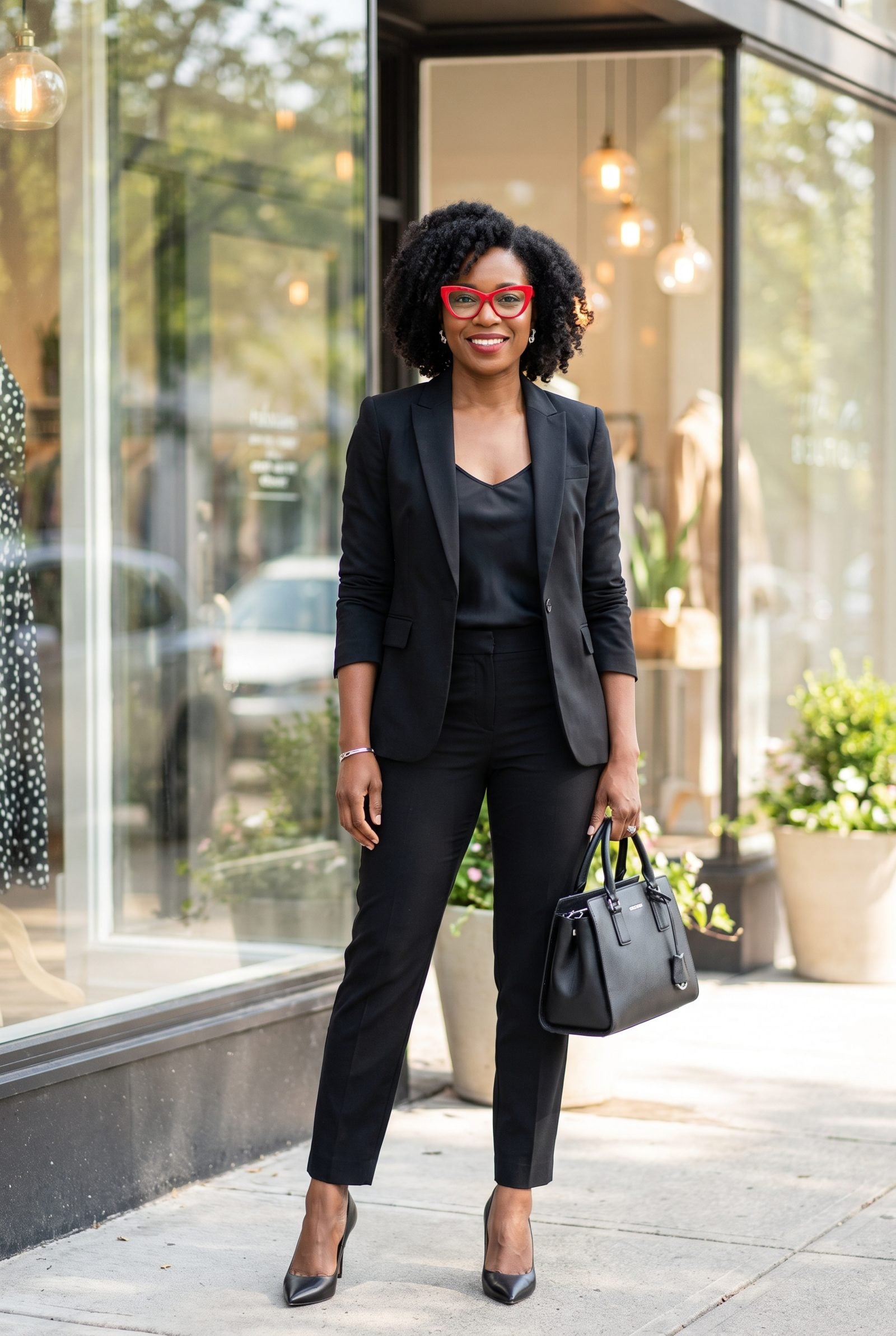 All-Black Evening Look with Red Cat-Eye Glasses