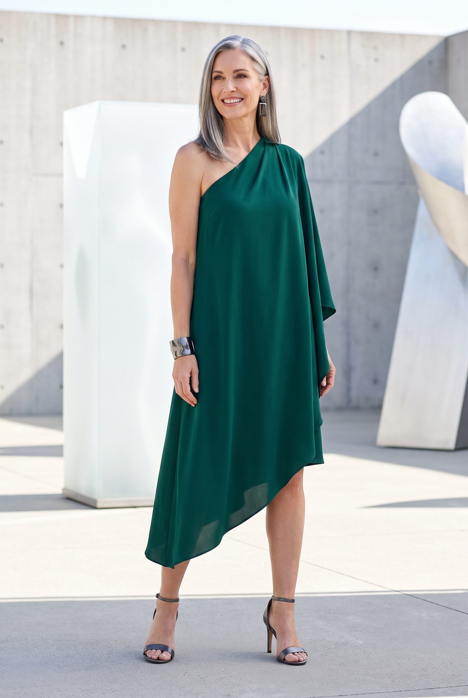 Amazon-Green Asymmetric Dress With Gunmetal Jewelry