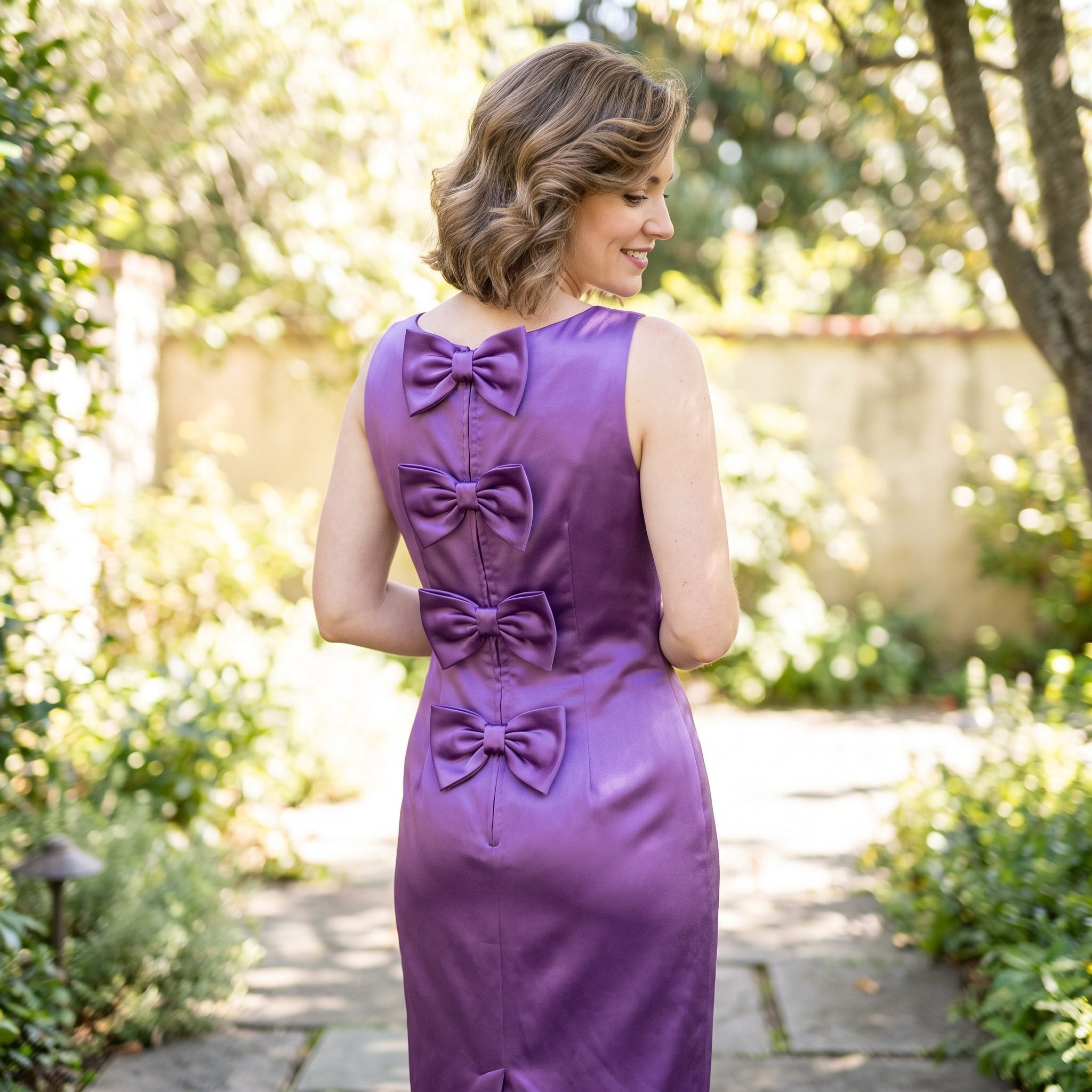Amethyst-purple evening dress with two decorative bows arranged down the back