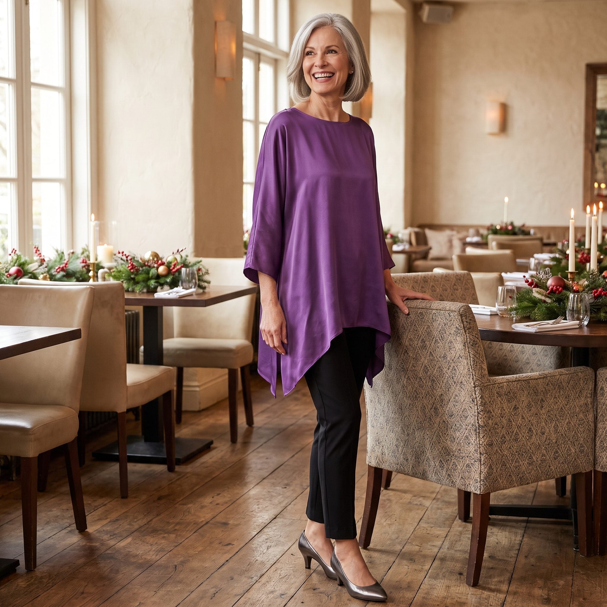 Amethyst silk tunic with an asymmetric hem and slim black trousers