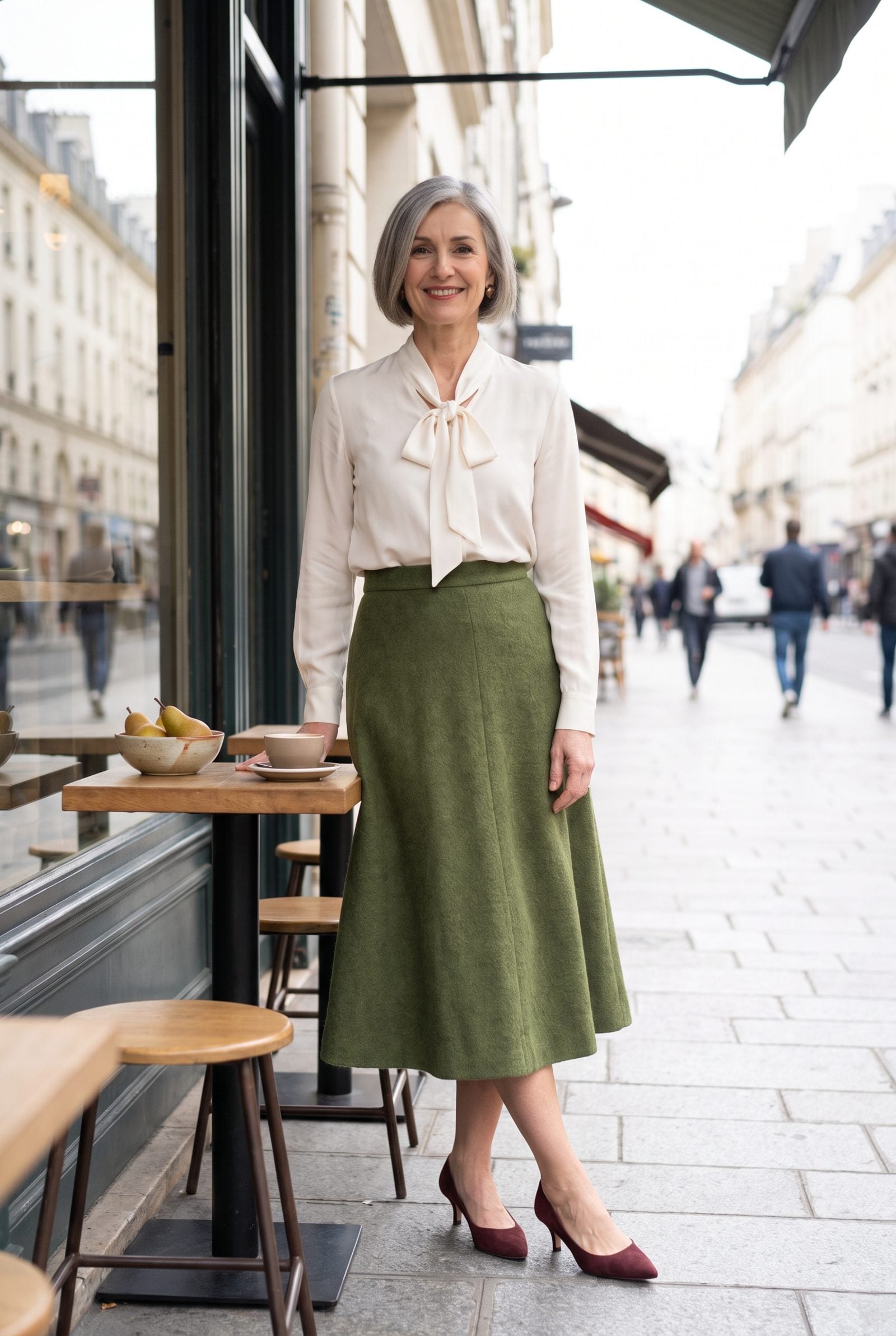 Artichoke Wool Skirt With an Ivory Bow Blouse
