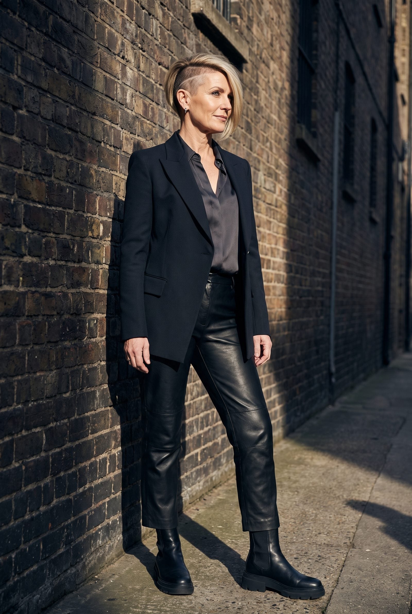 Woman aged 54 outdoors with an asymmetrical bob longer on the left side, wearing a slate gray collarless jacket.