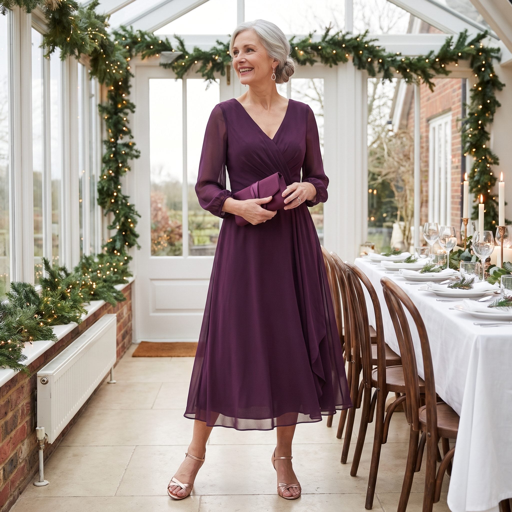 Aubergine chiffon evening dress with rose-gold accessories