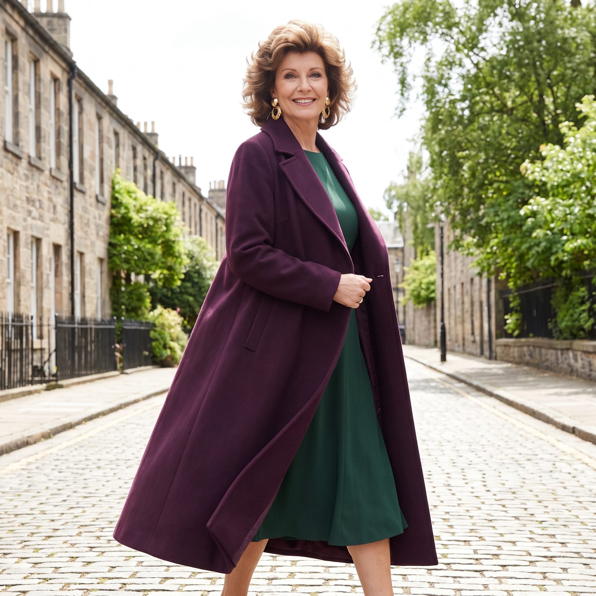 Aubergine opera coat worn over a narrow forest-green crepe evening dress