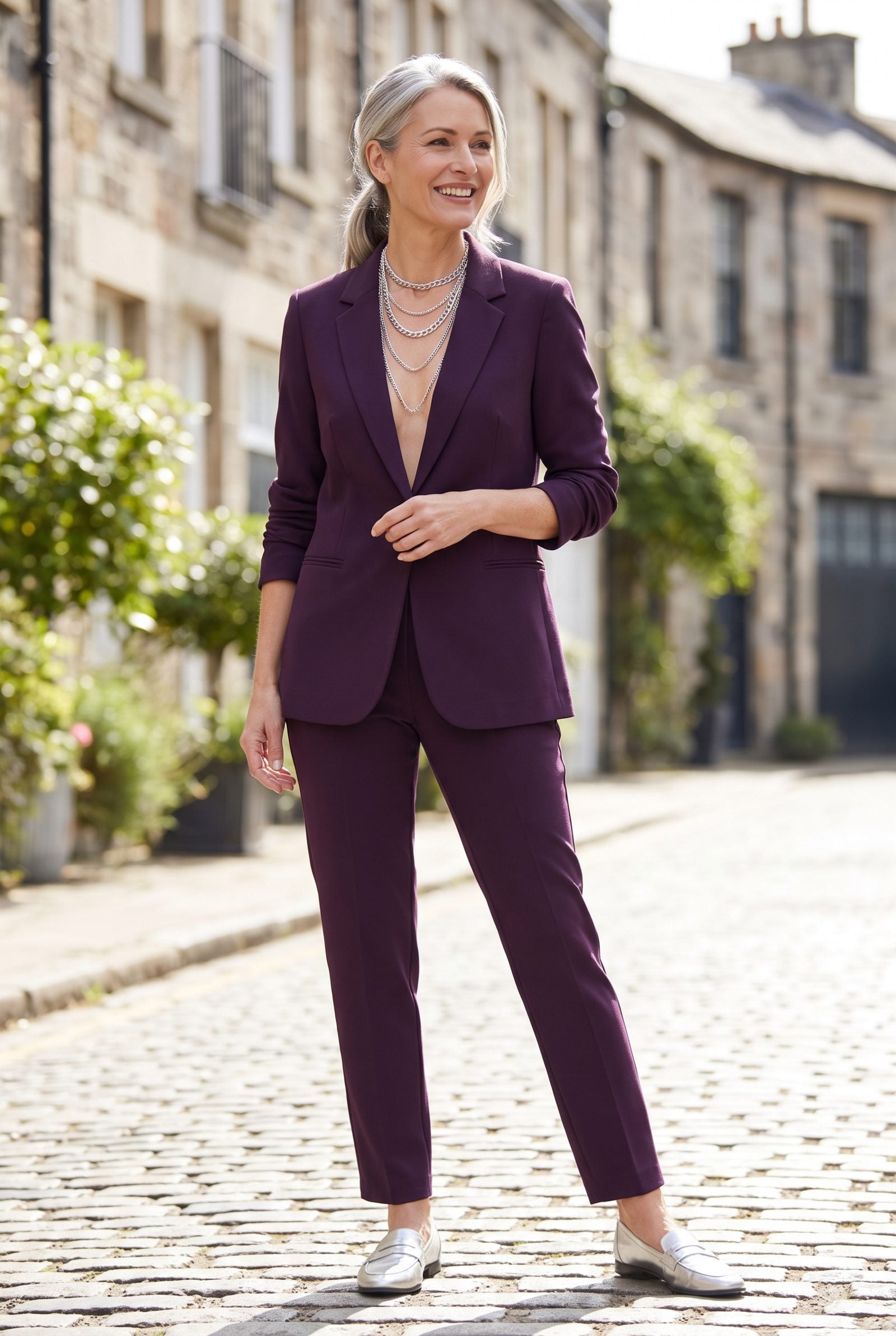 Aubergine Pantsuit With Mixed Silver Chains