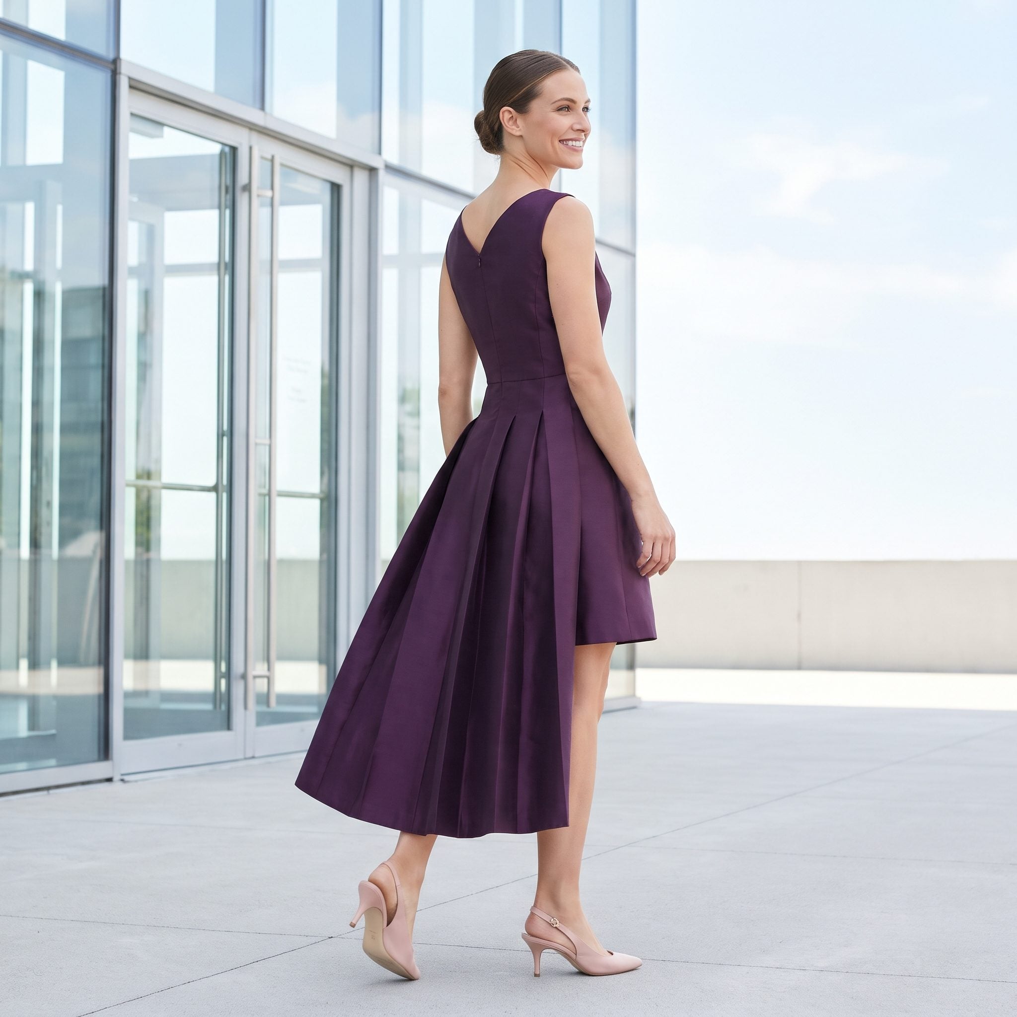Aubergine Silk-Gazar Dress with a Fan-Folded Back