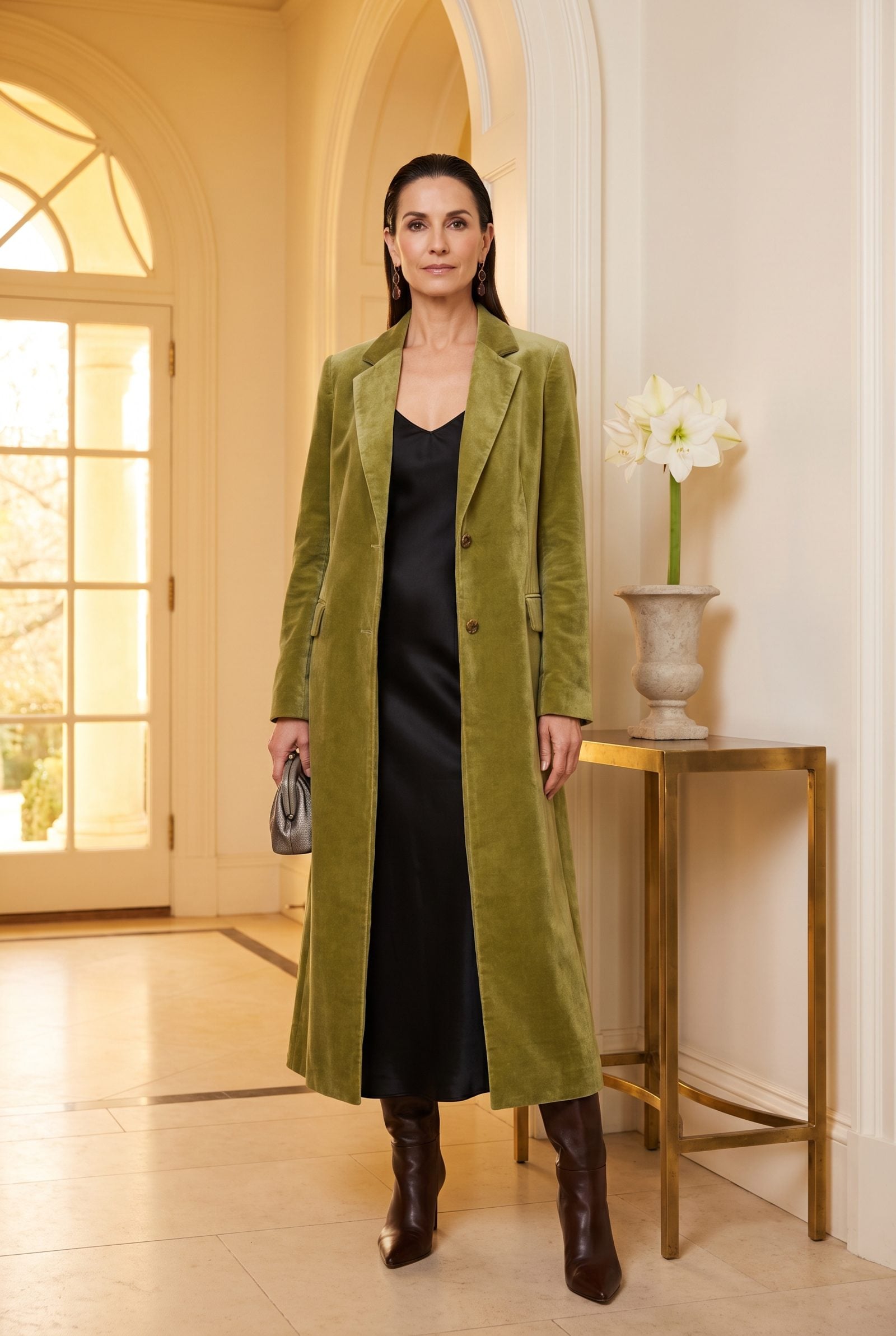 Avocado Velvet Coat Over a Black Slip Dress