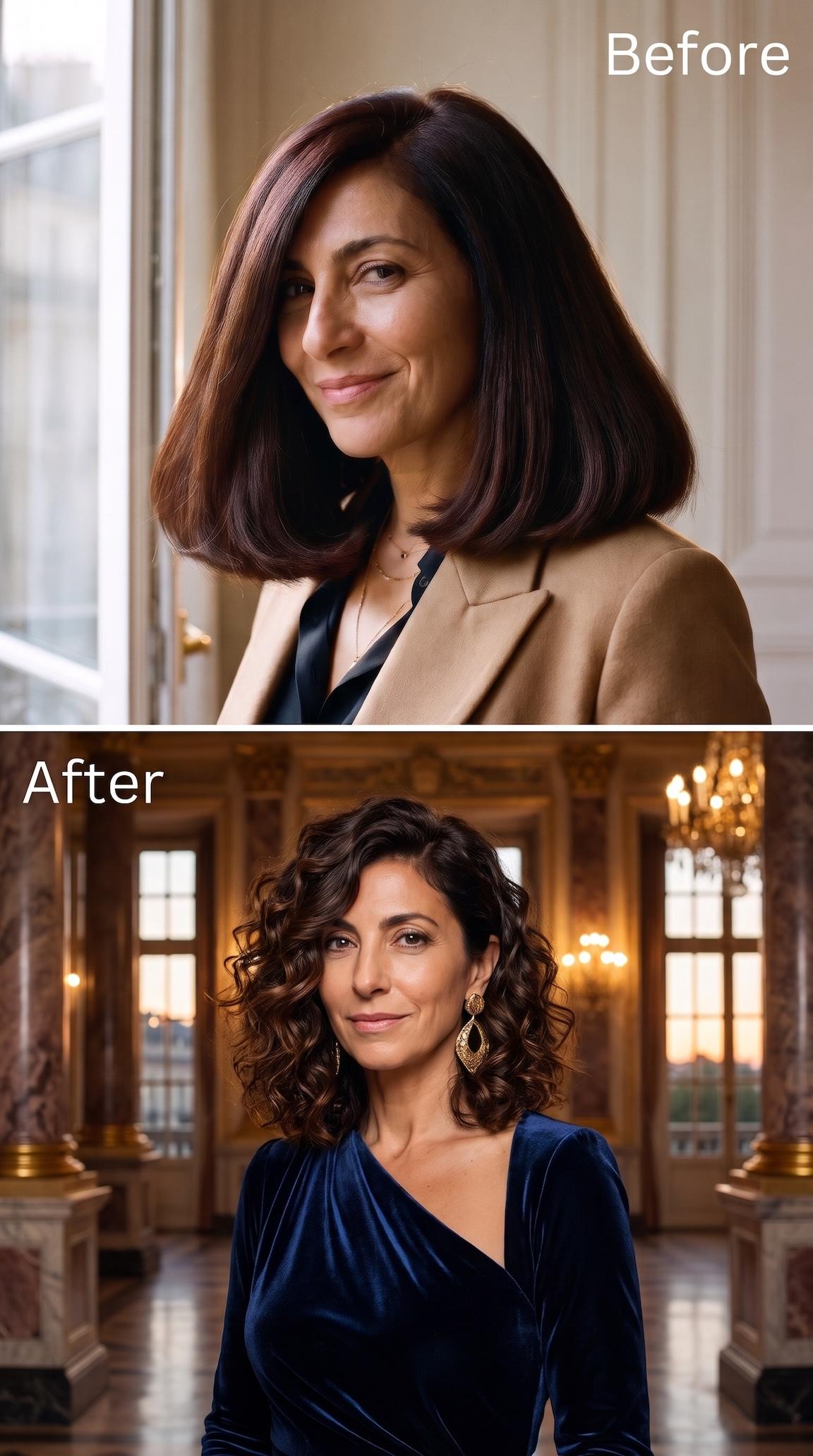 Before and after hairstyle transformation from a smooth brunette bob to defined, sculpted shoulder-length curls