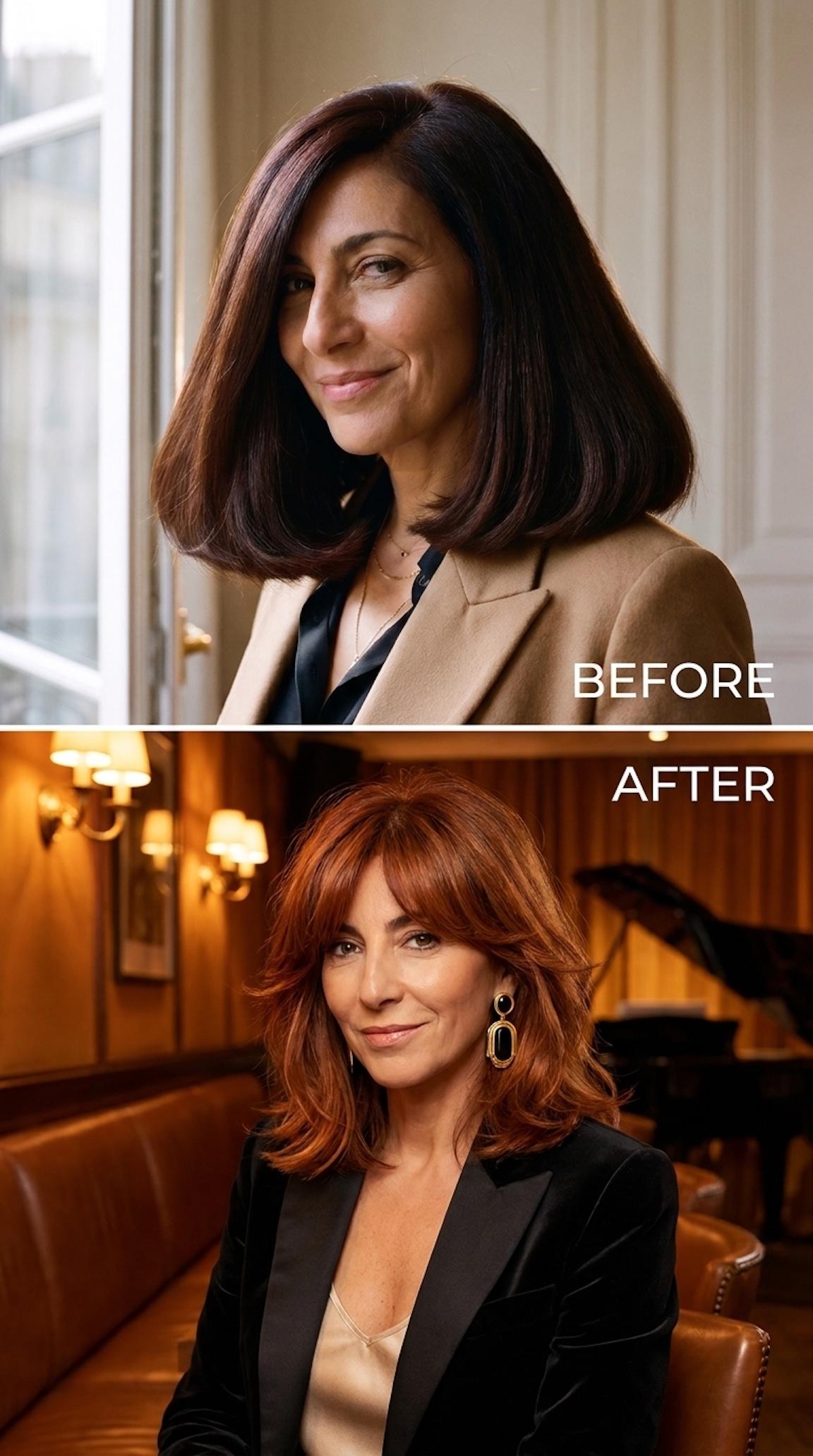 Before and after hairstyle transformation from a dense brunette bob to a copper-auburn French shag with curtain bangs