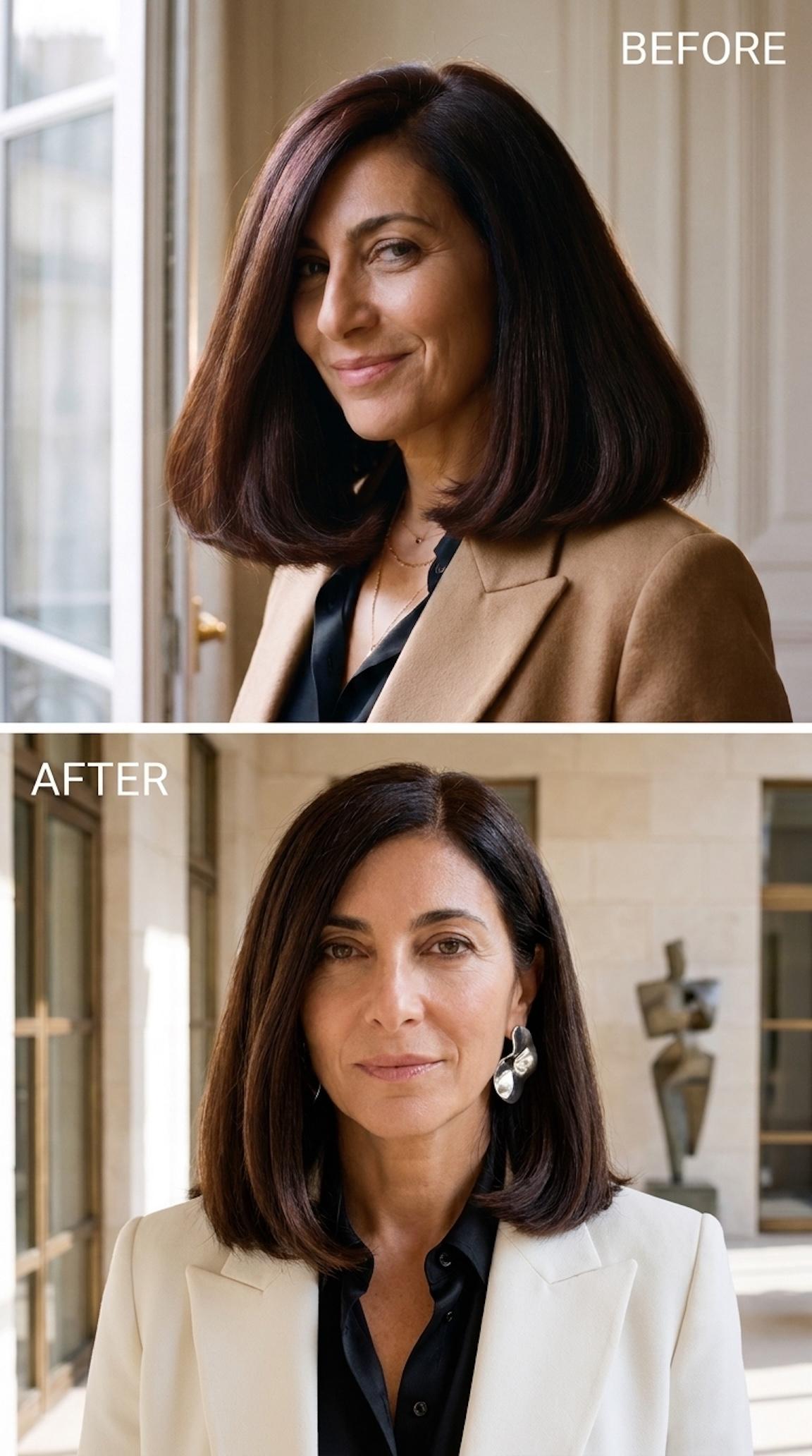 Before and after hairstyle transformation from a bulky rounded brunette bob to a sleek, narrower espresso-brown lob