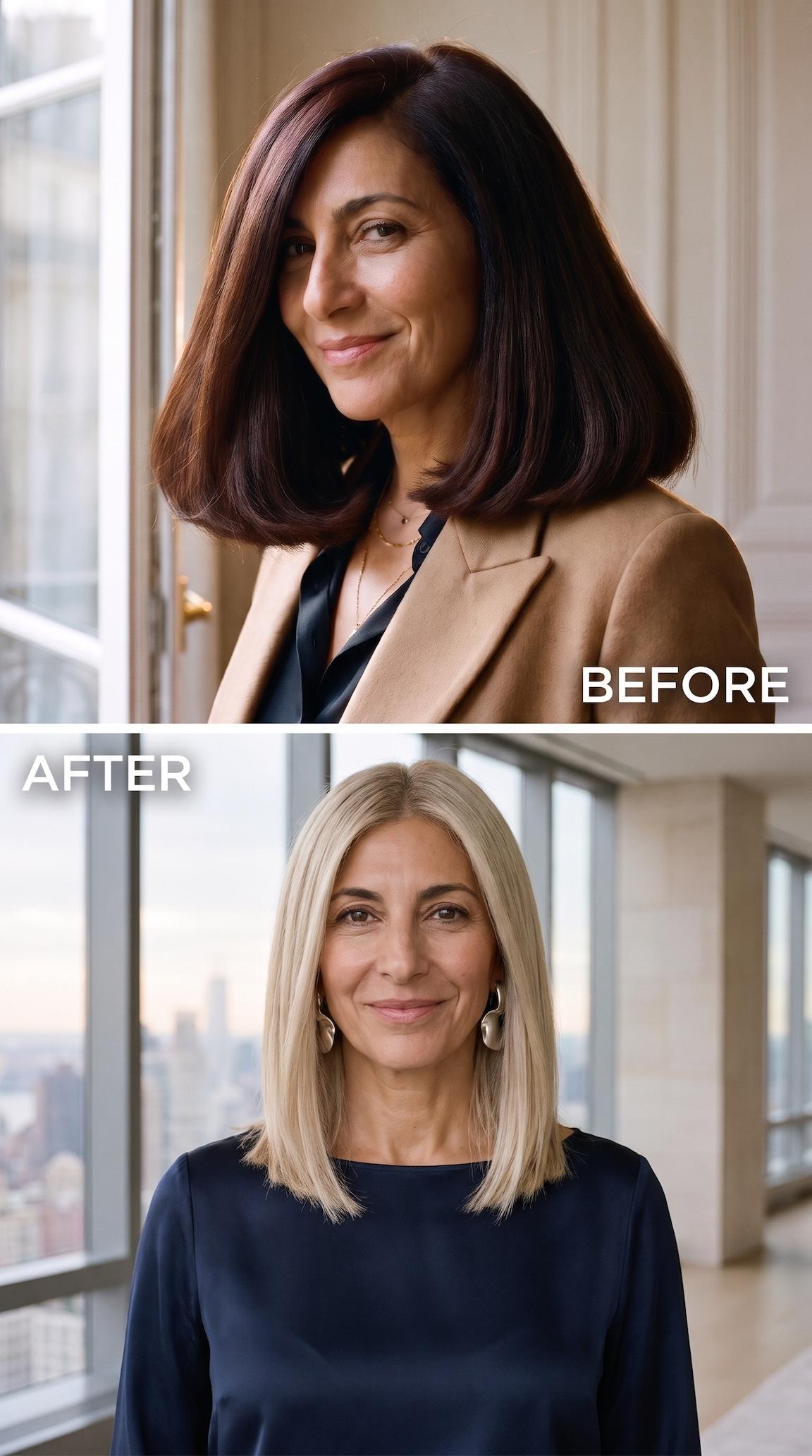 Before and after hairstyle transformation from a heavy rounded brunette bob to a sleek champagne-blonde lob with a center part