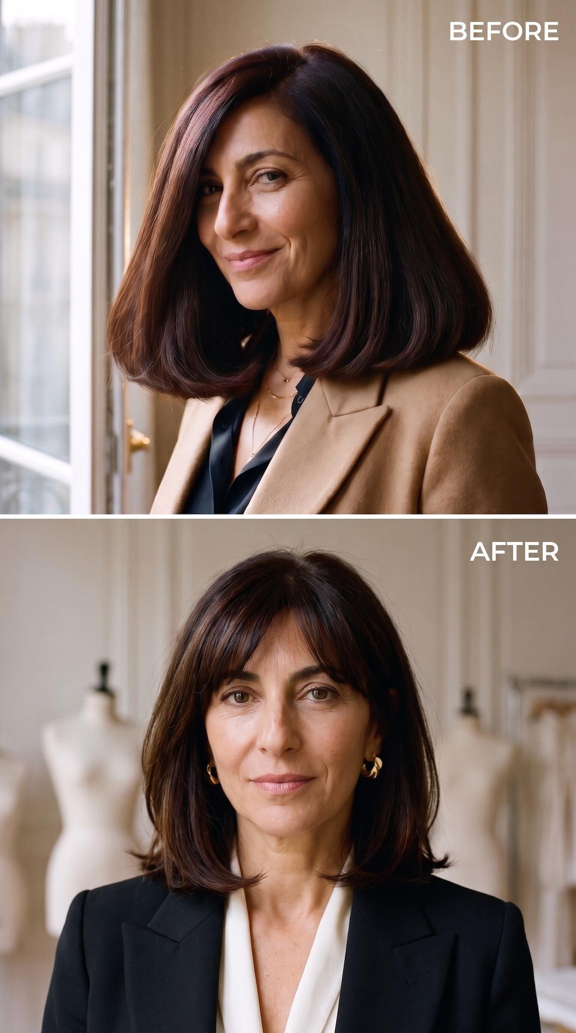 Before and after hairstyle transformation from a heavy brunette bob to a shoulder-length French-inspired cut with wispy bangs