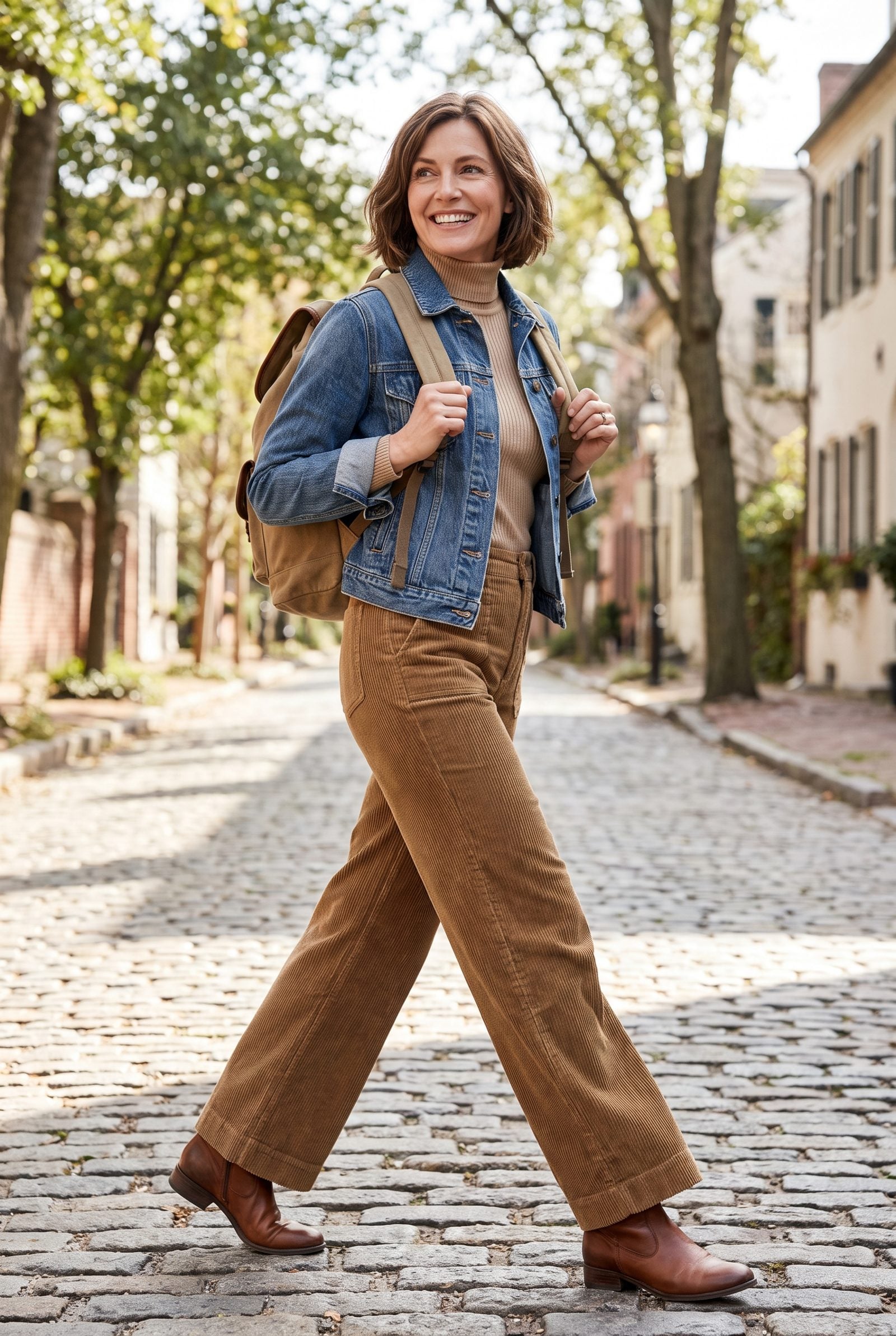 Woman walking in a park wearing a tan leather backpack over both shoulders.