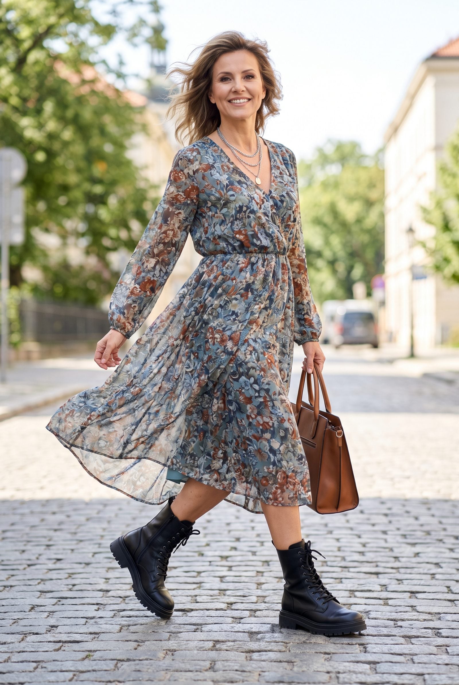 Balancing Lug-Sole Boots With a Floaty Chiffon Dress