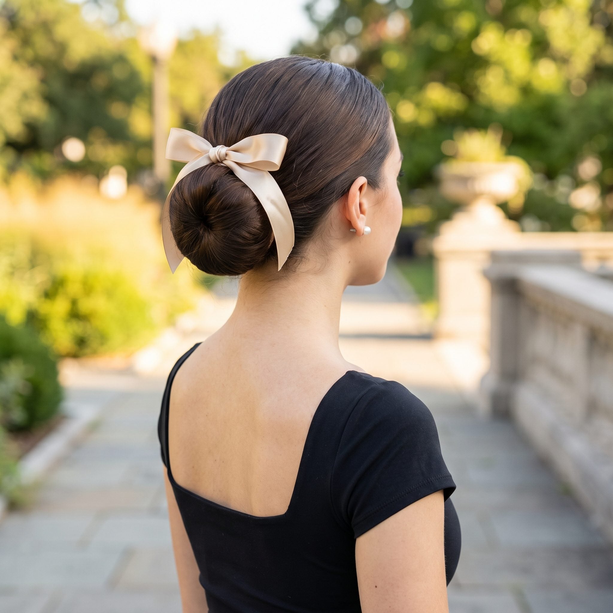 Ballet Bun With a Narrow Satin Ribbon