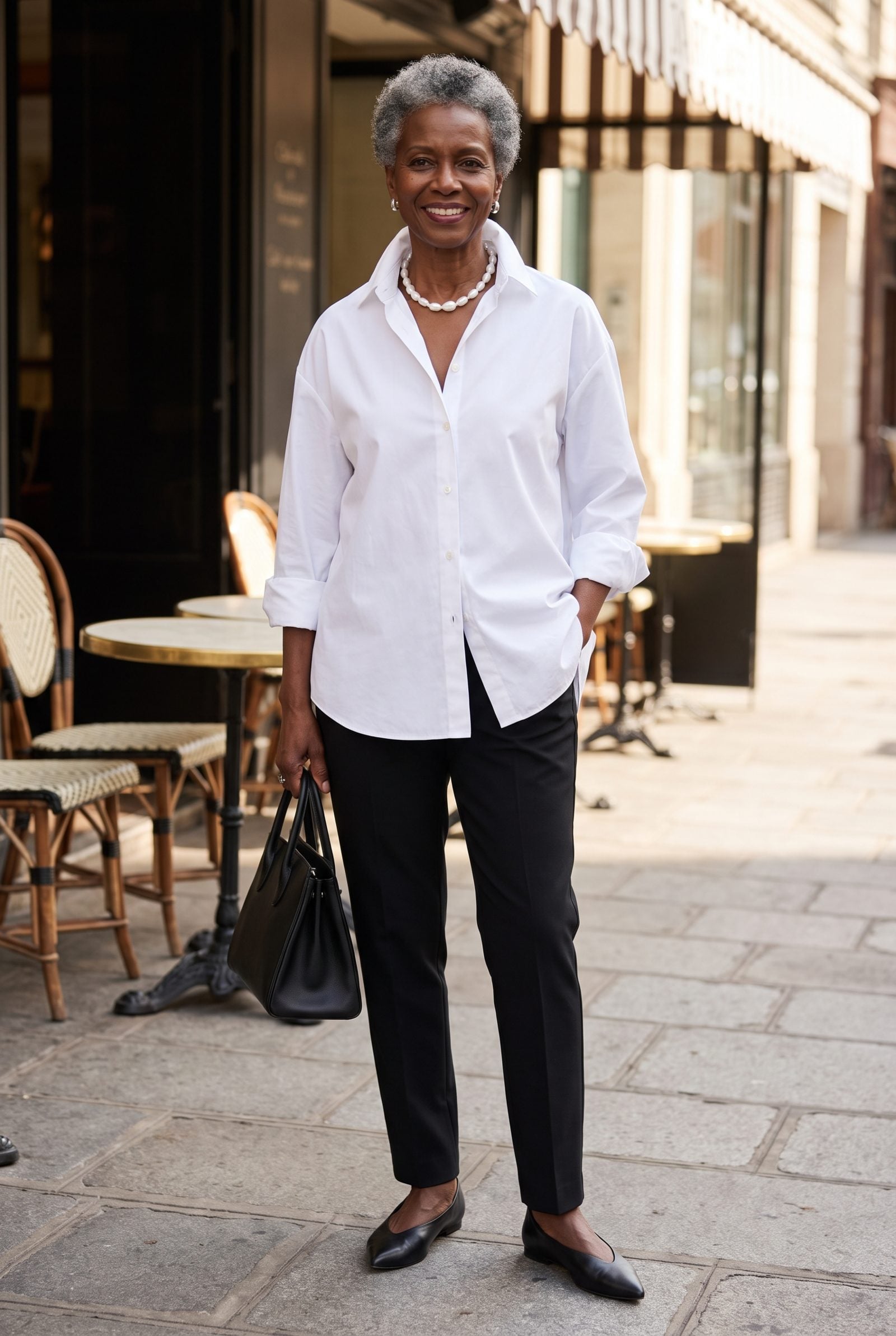 A Baroque Pearl Choker Inside a Crisp Poplin Shirt