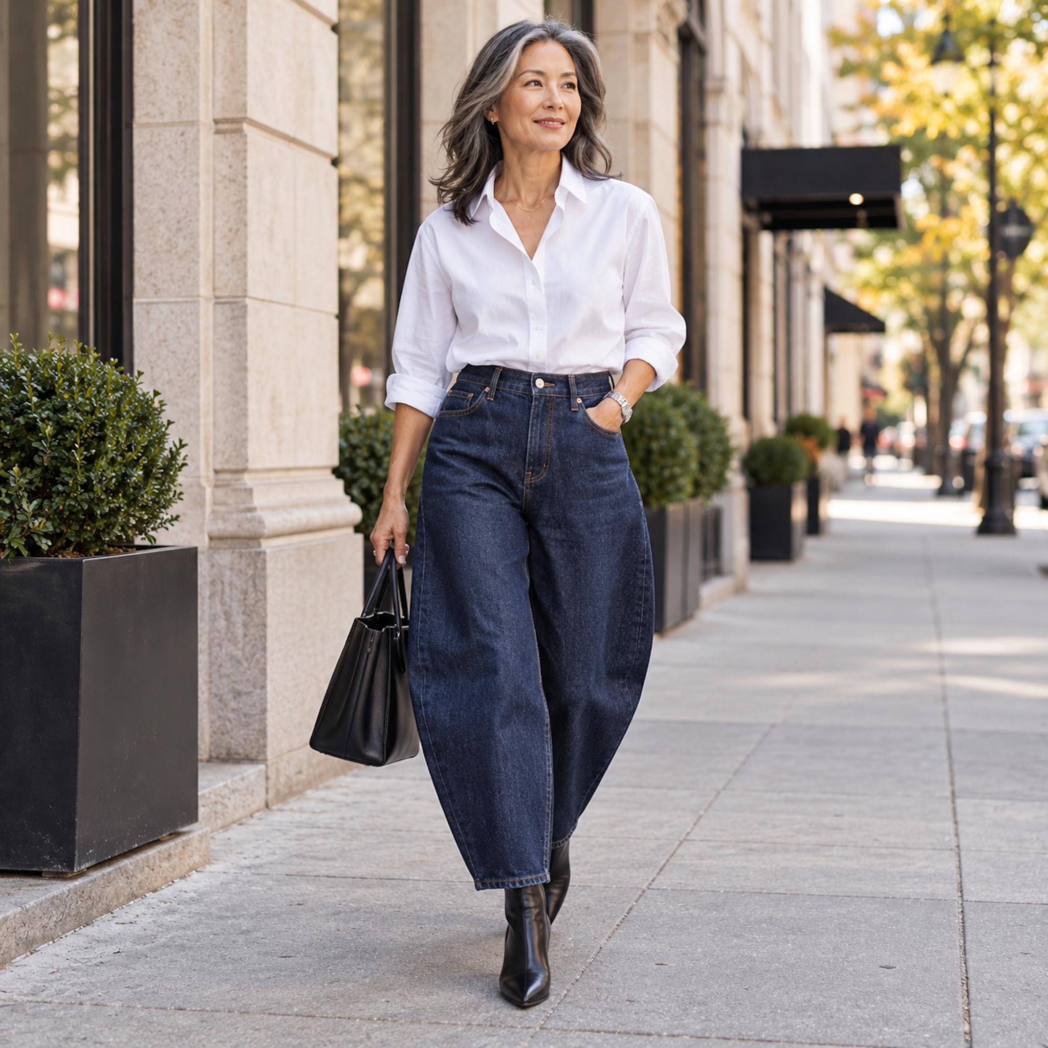 Asian woman in white button-down shirt and dark indigo barrel-leg jeans with sleek black pointed ankle boots on a city sidewalk