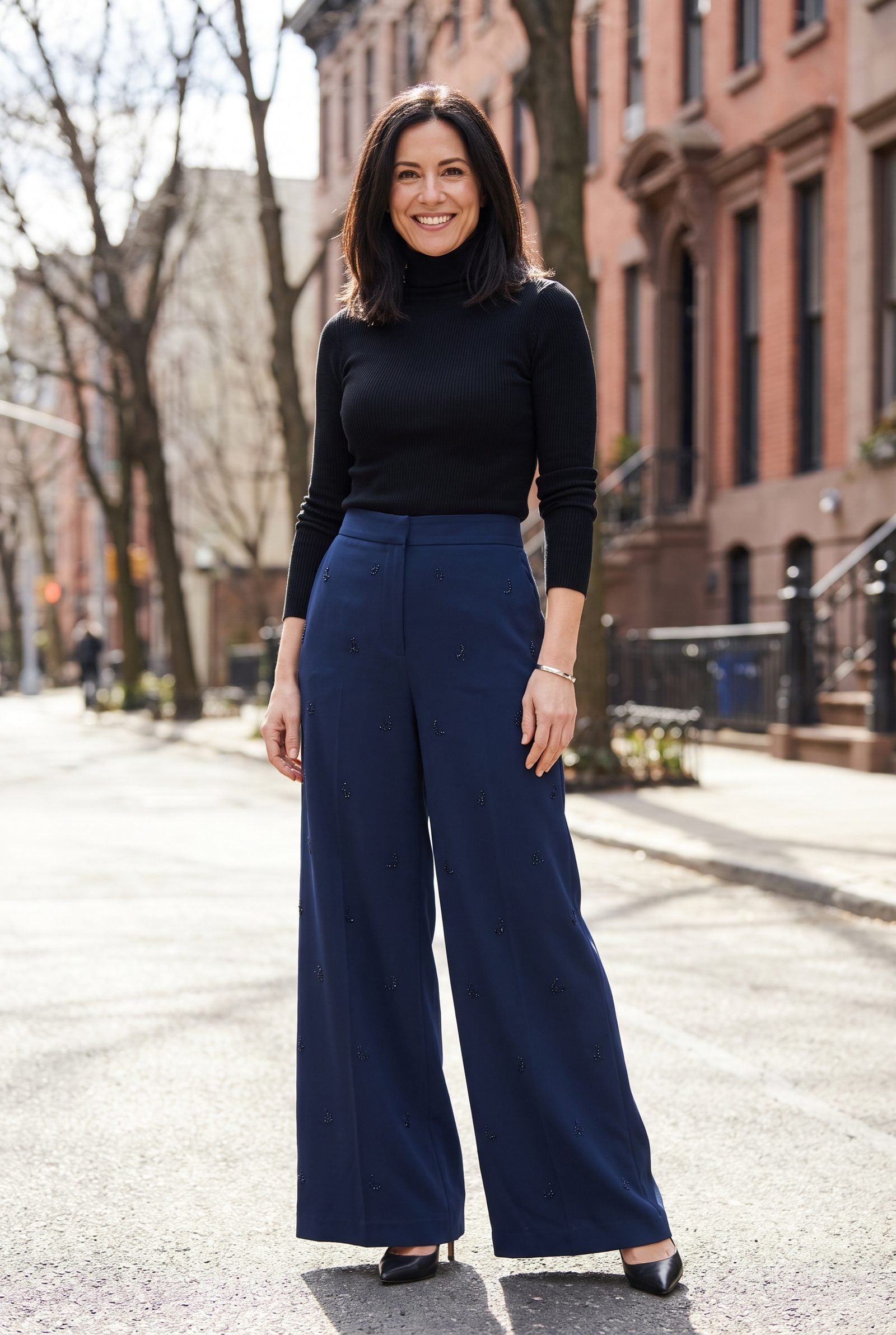 Beaded Palazzo Pants With a Minimalist Turtleneck