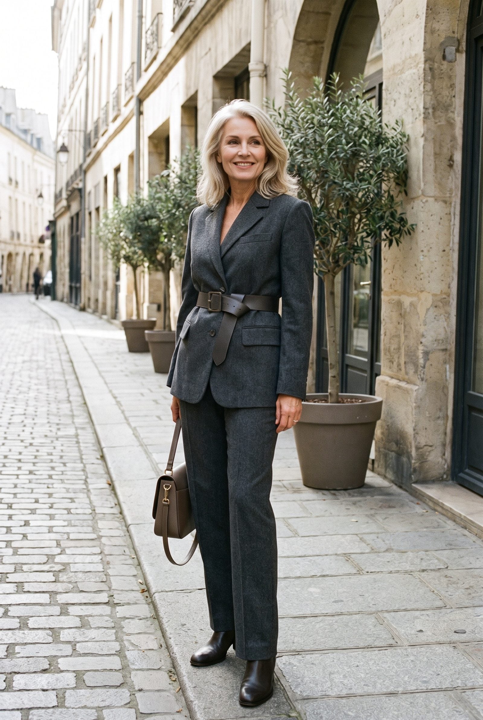 Belted Blazer With Full-Length Straight Trousers