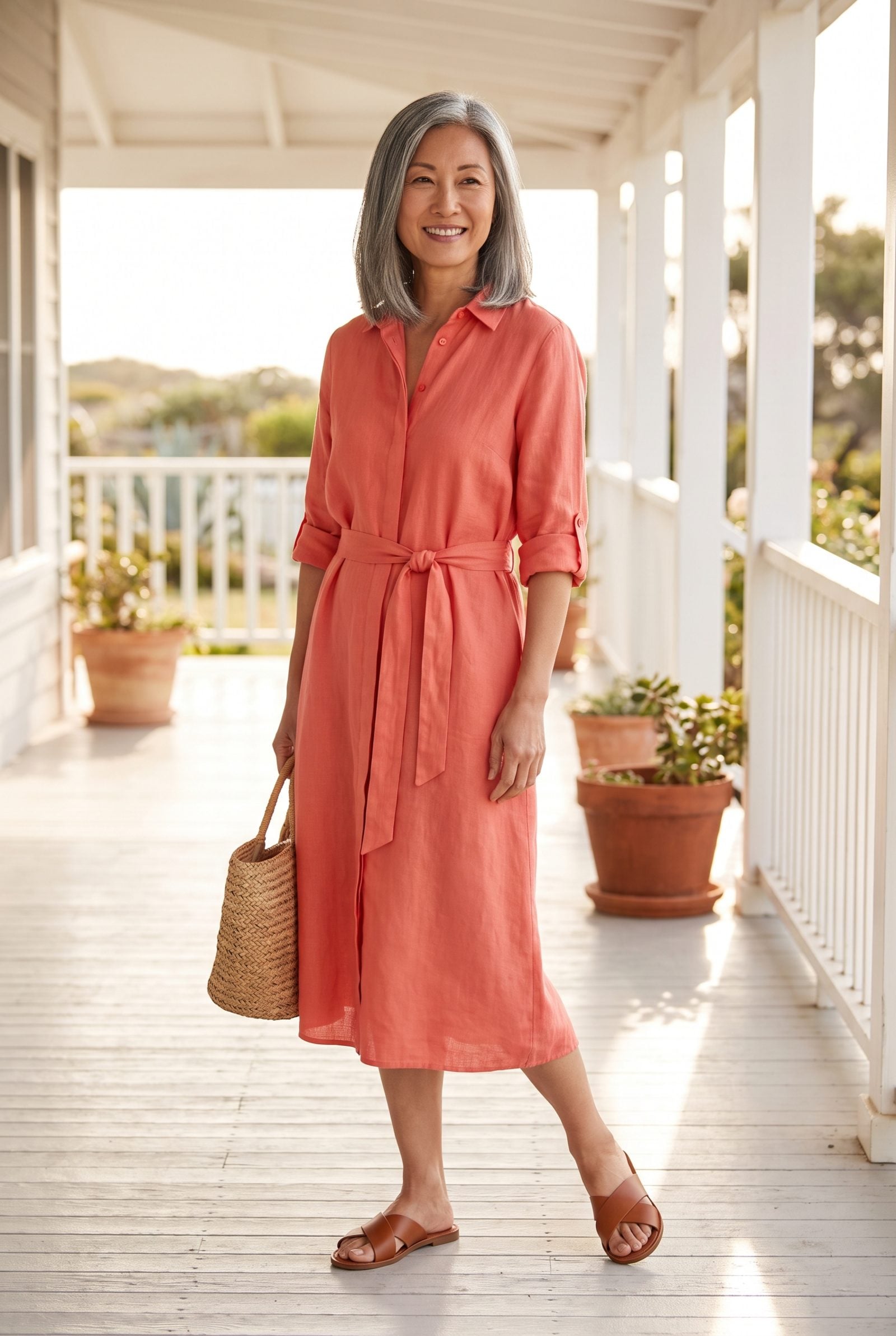 A Belted Coral Linen Shirtdress Over Cognac Flat Leather Sandals