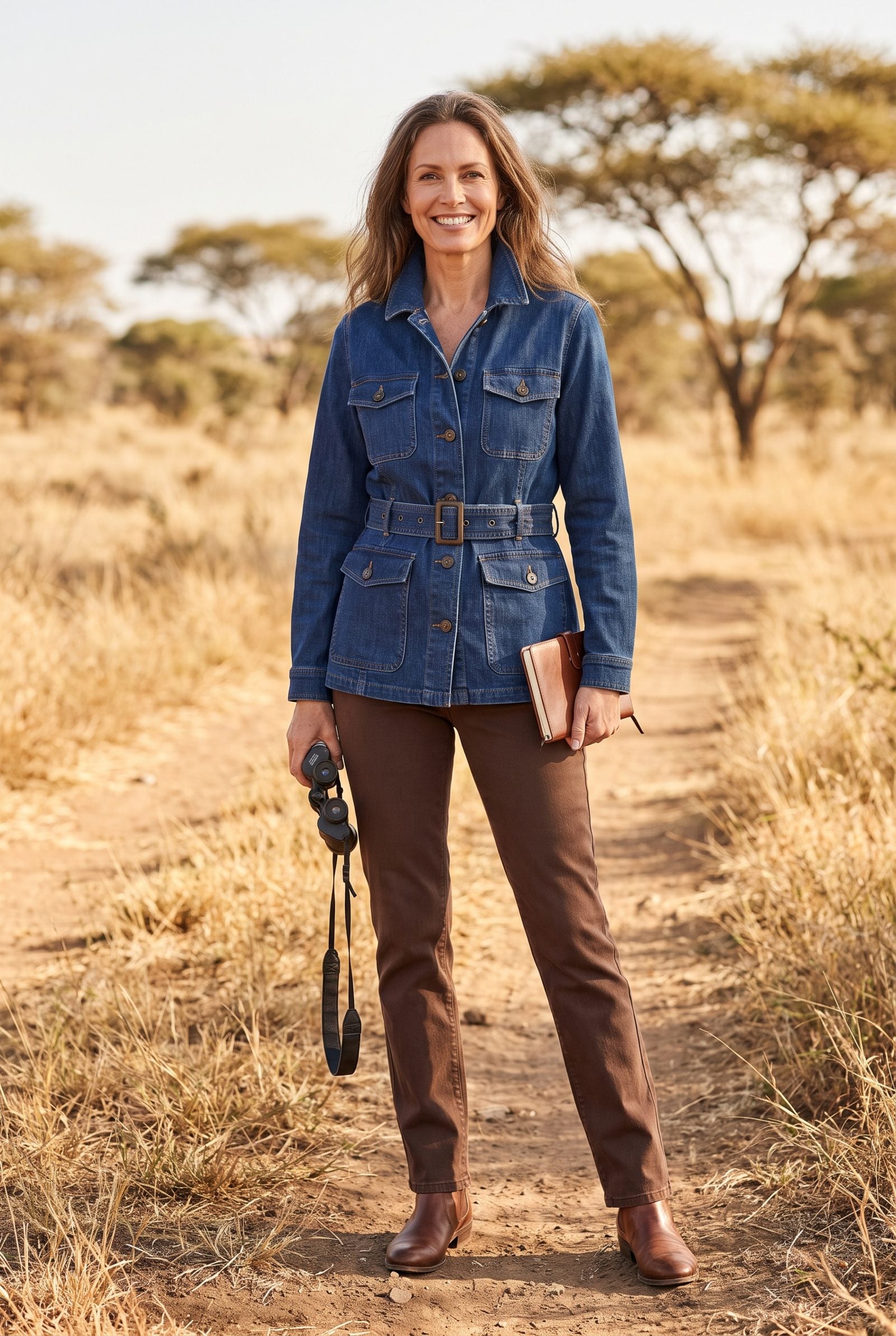 Belted Denim Safari Jacket With Chocolate Brown Jeans