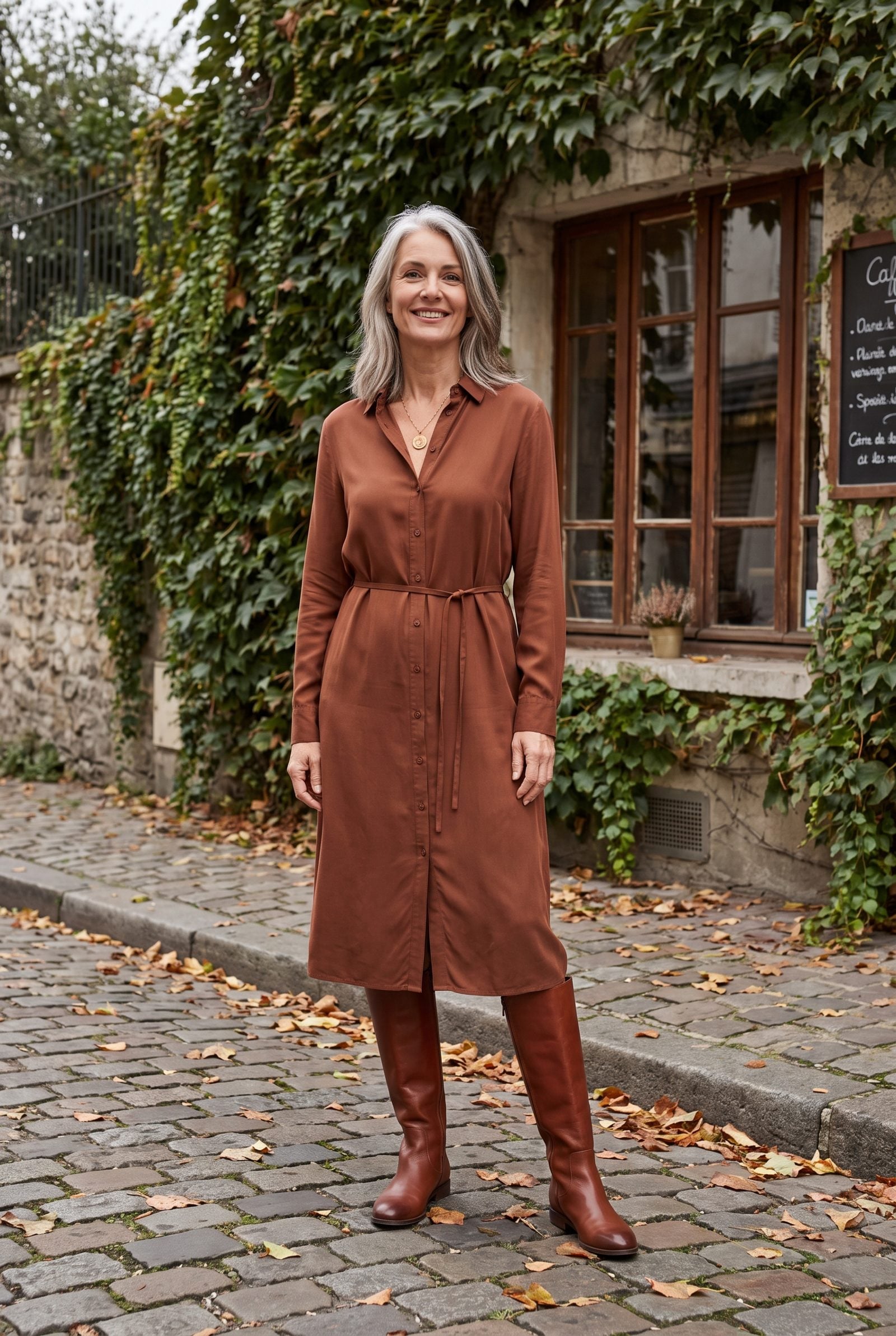 Belted Midi Shirtdress With Knee-High Flat Boots