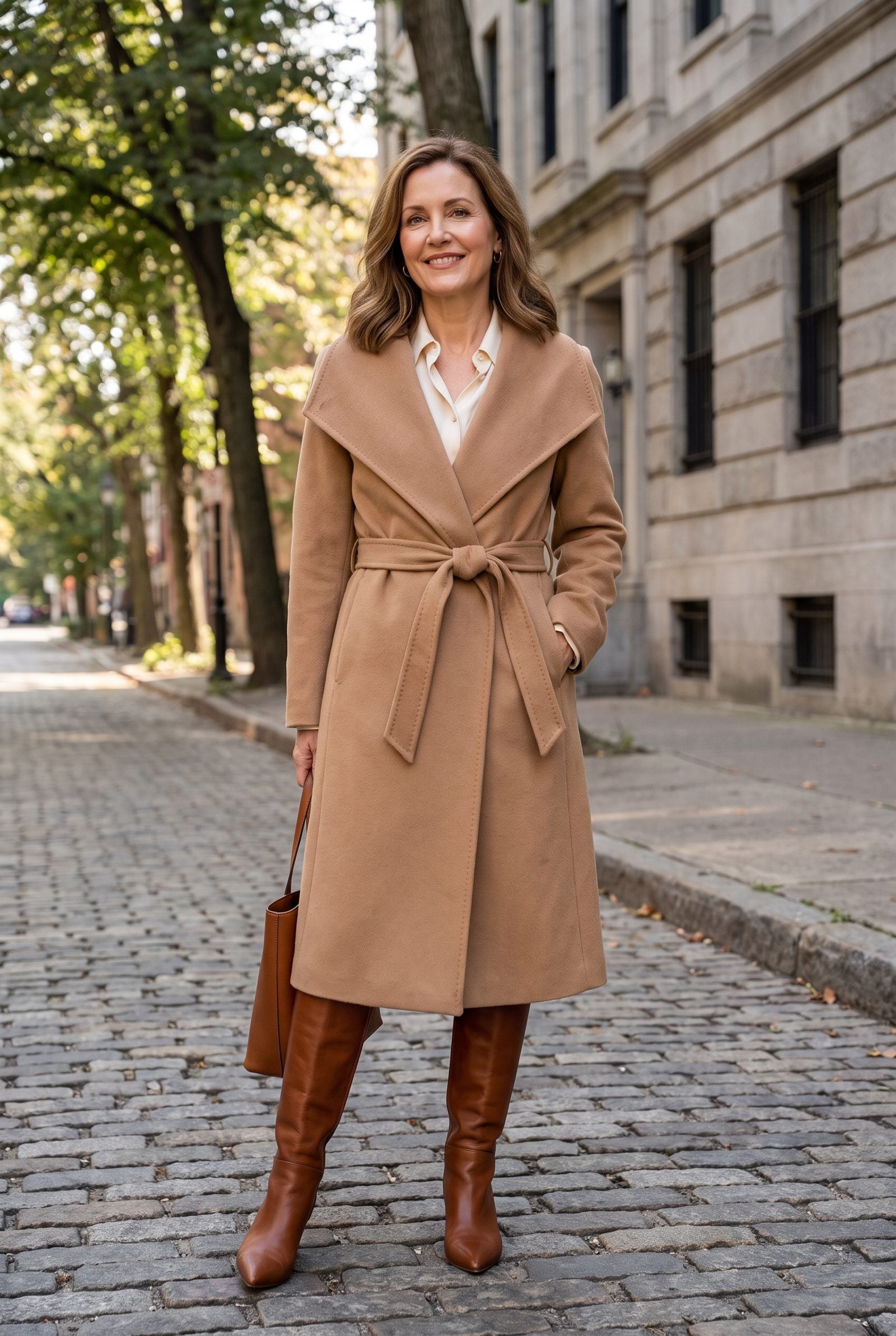 Belted Wrap Coat With Pointed-Toe Knee-High Boots