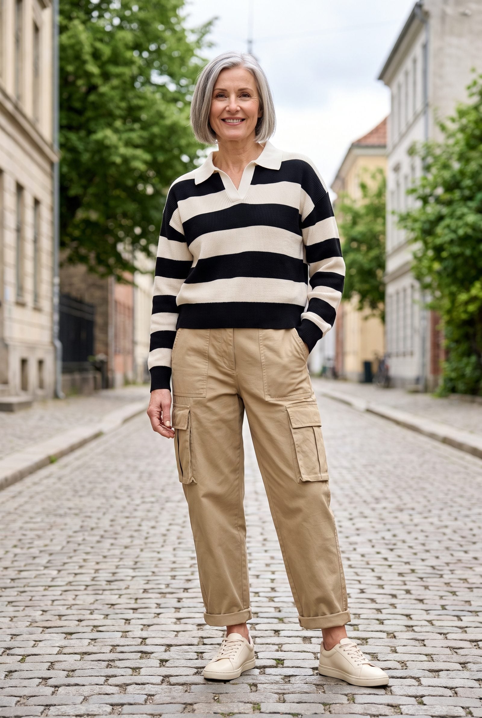 Black-and-Cream Rugby Knit + Khaki Cargo Pants