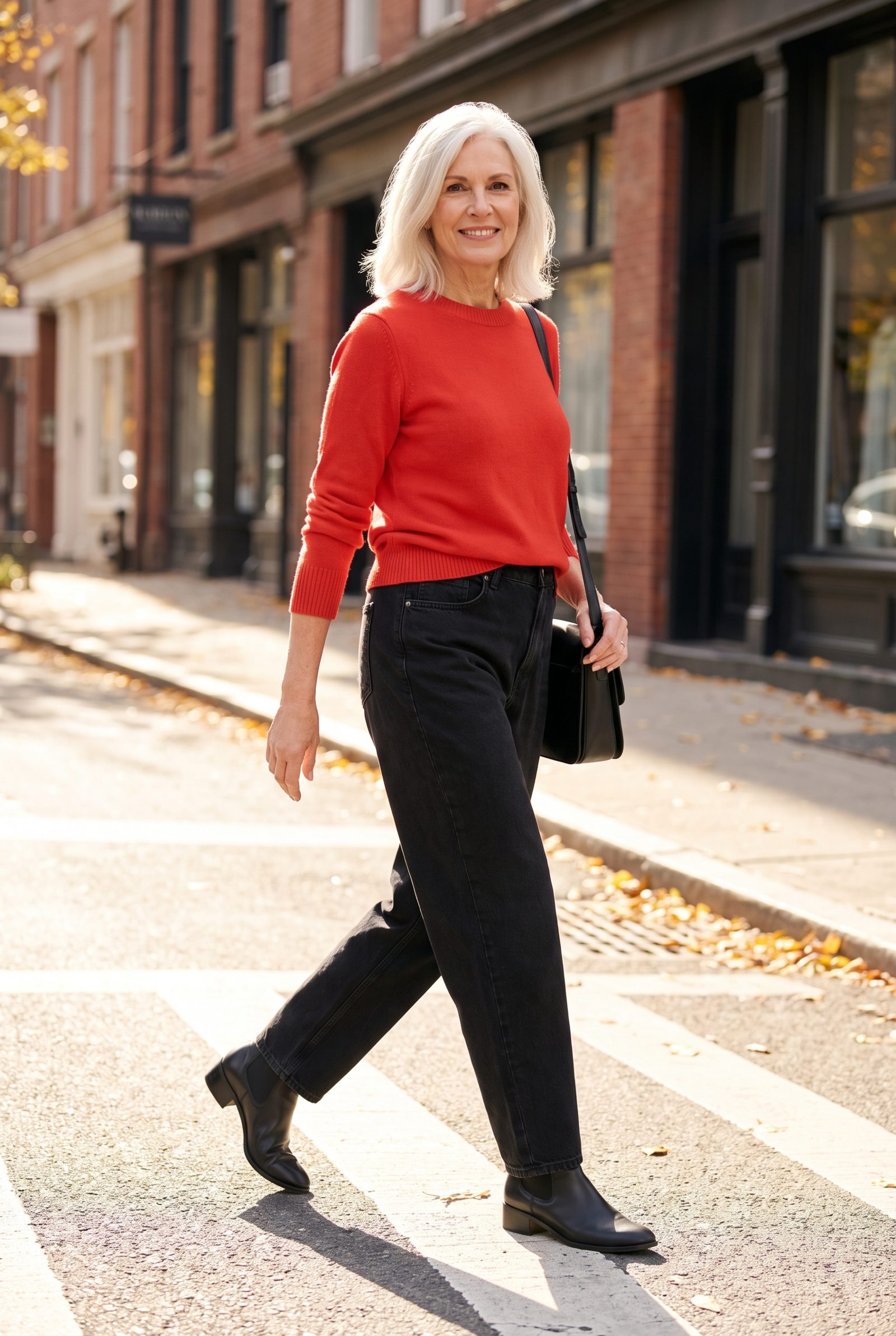 Black Barrel Jeans + Tomato-Red Crewneck