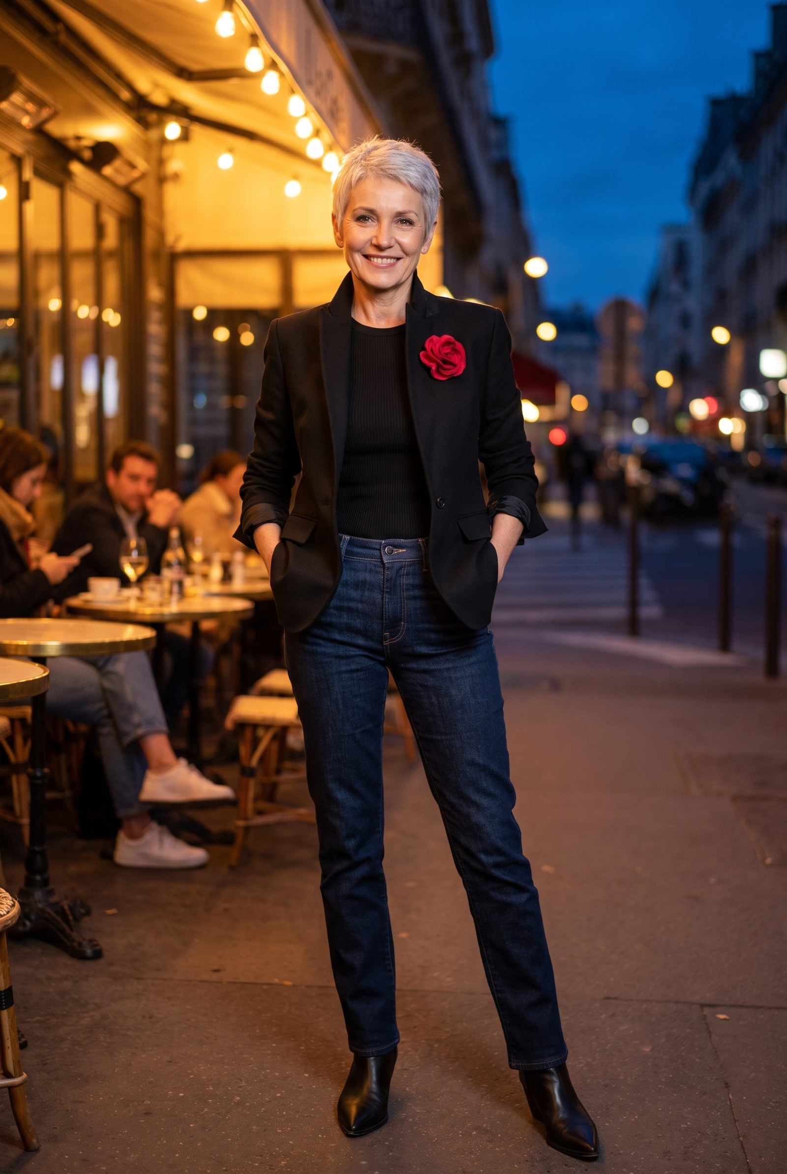 Black Blazer and Dark Jeans With a Crimson Corsage