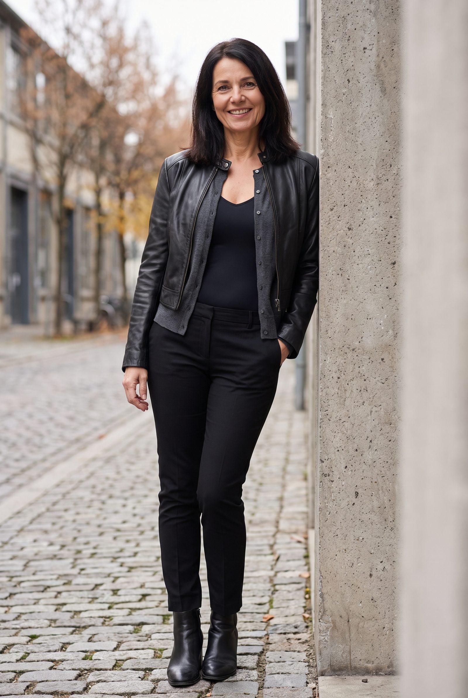 Black Bodysuit + Gray Cardigan + Cropped Leather Jacket