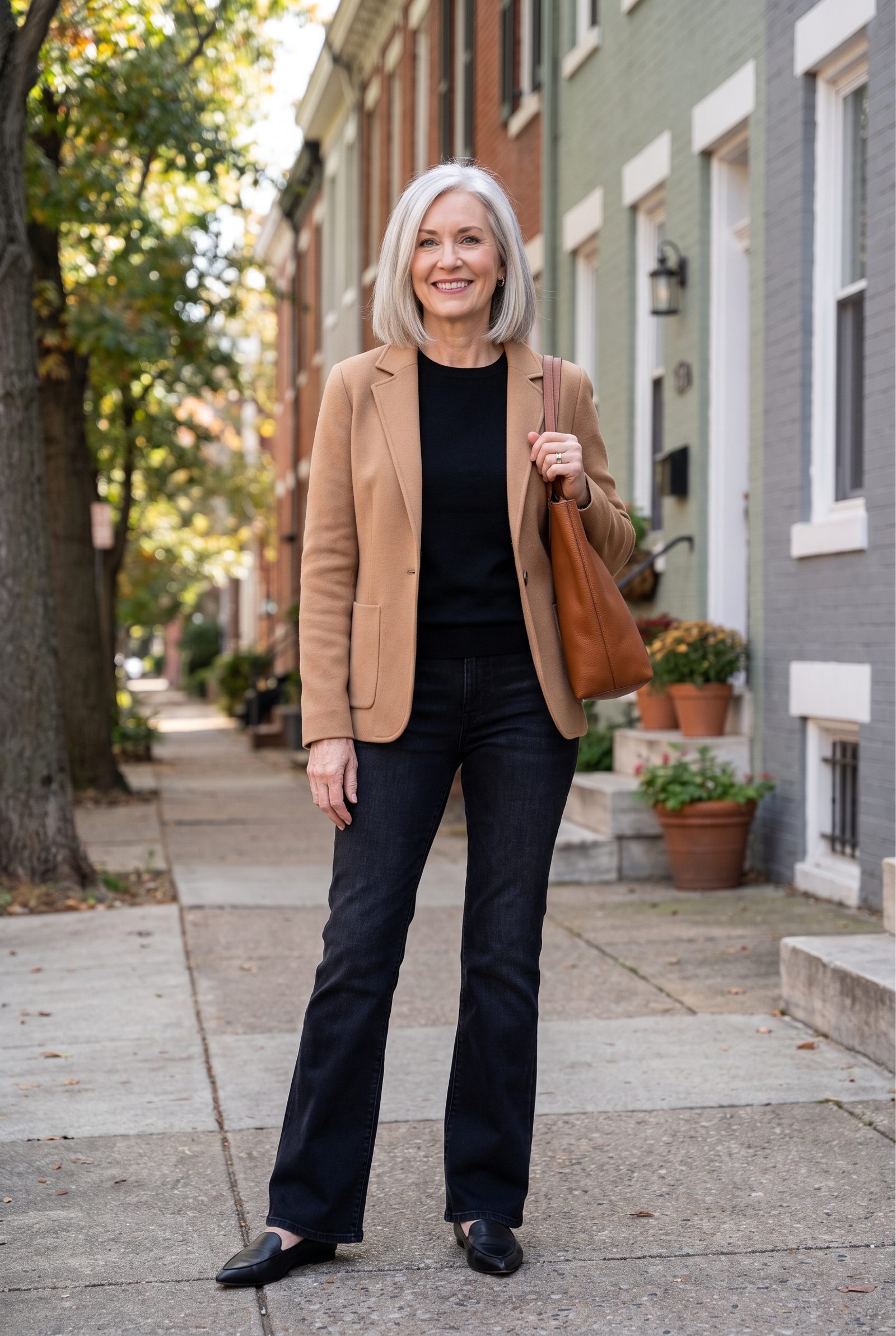 Black Bootcut Jeans + Camel Knit Blazer