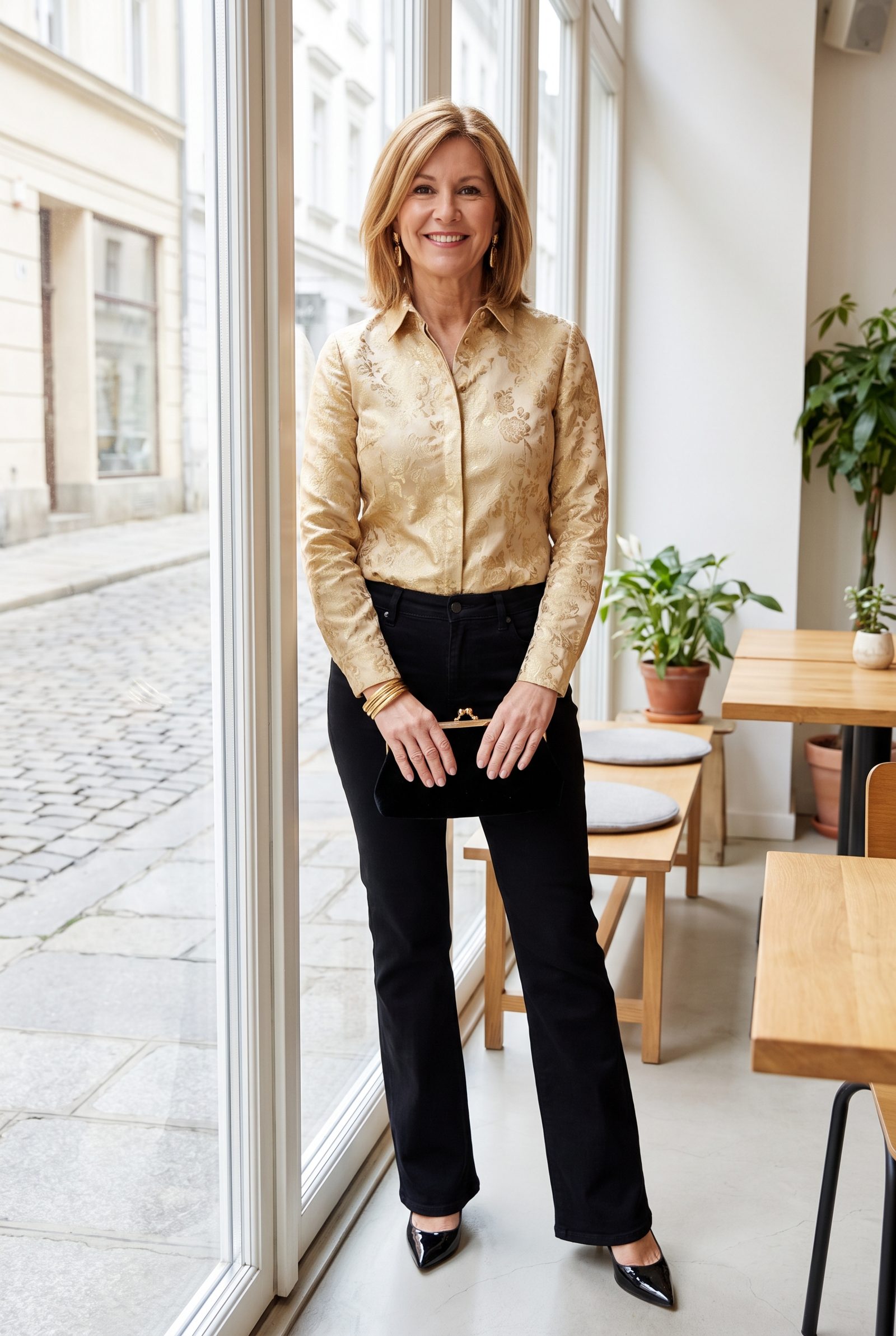 Black Bootcut Jeans With a Gold Brocade Blouse