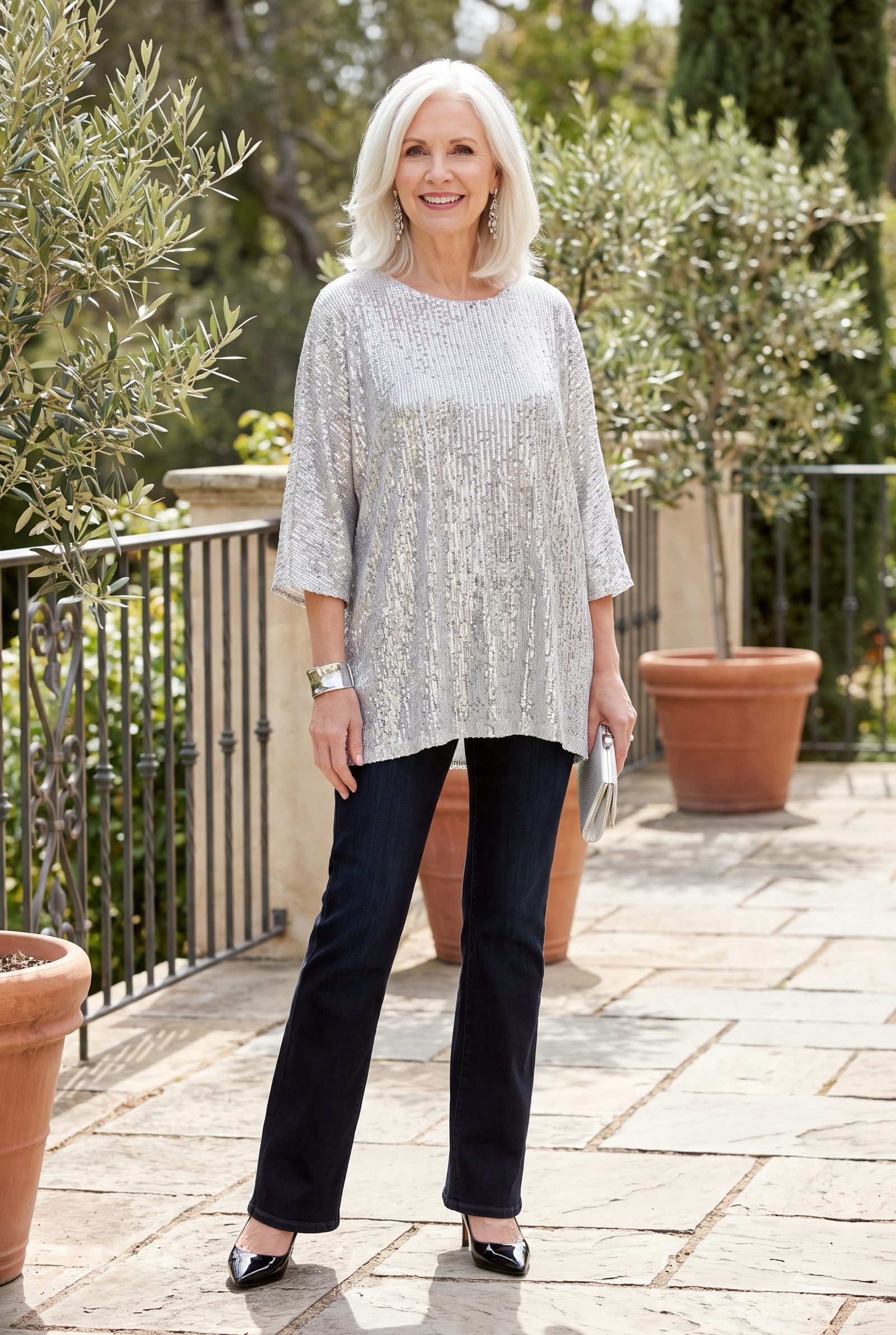 Black Bootcut Jeans With a Silver Sequin Tunic
