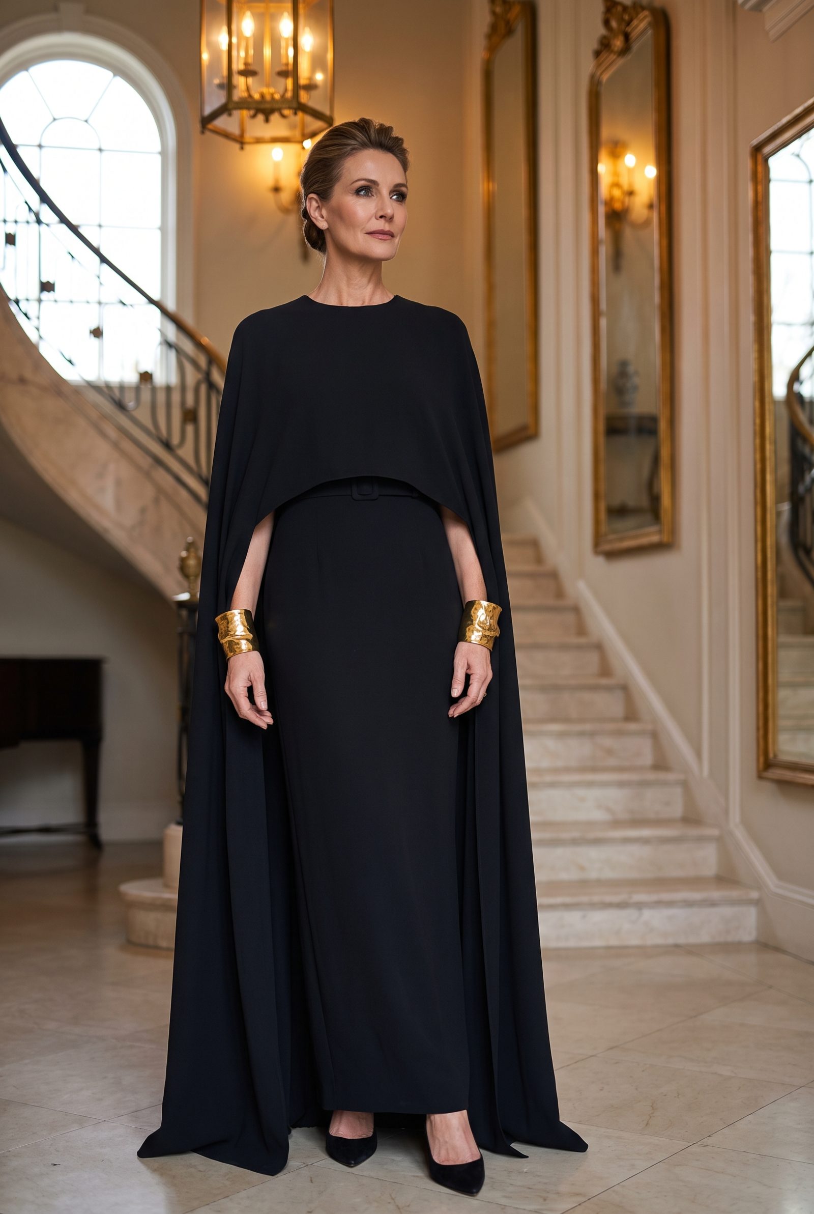 Black Cape Dress With Statement Cuffs