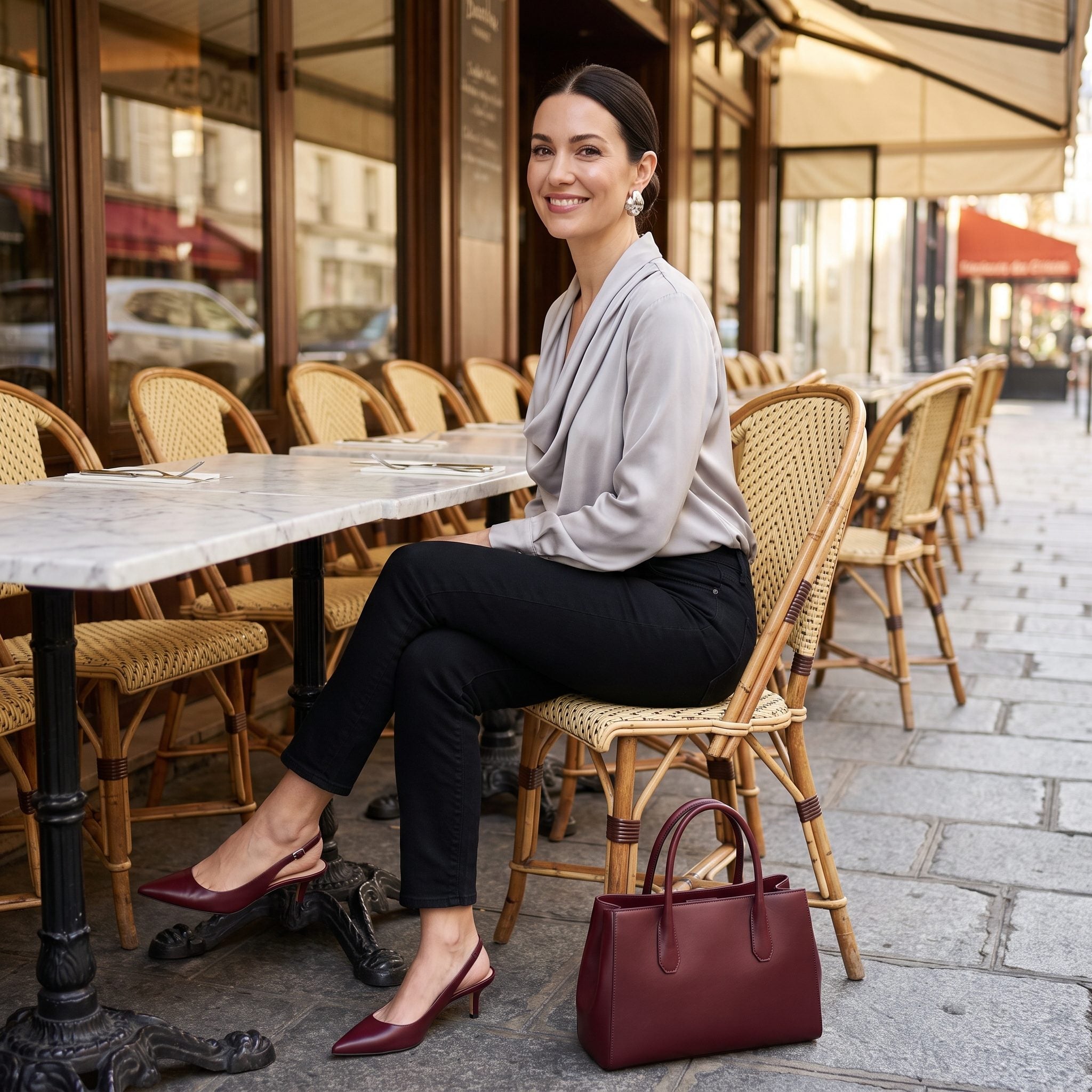 Black Cigarette Jeans + a Pearl-Gray Silk Blouse