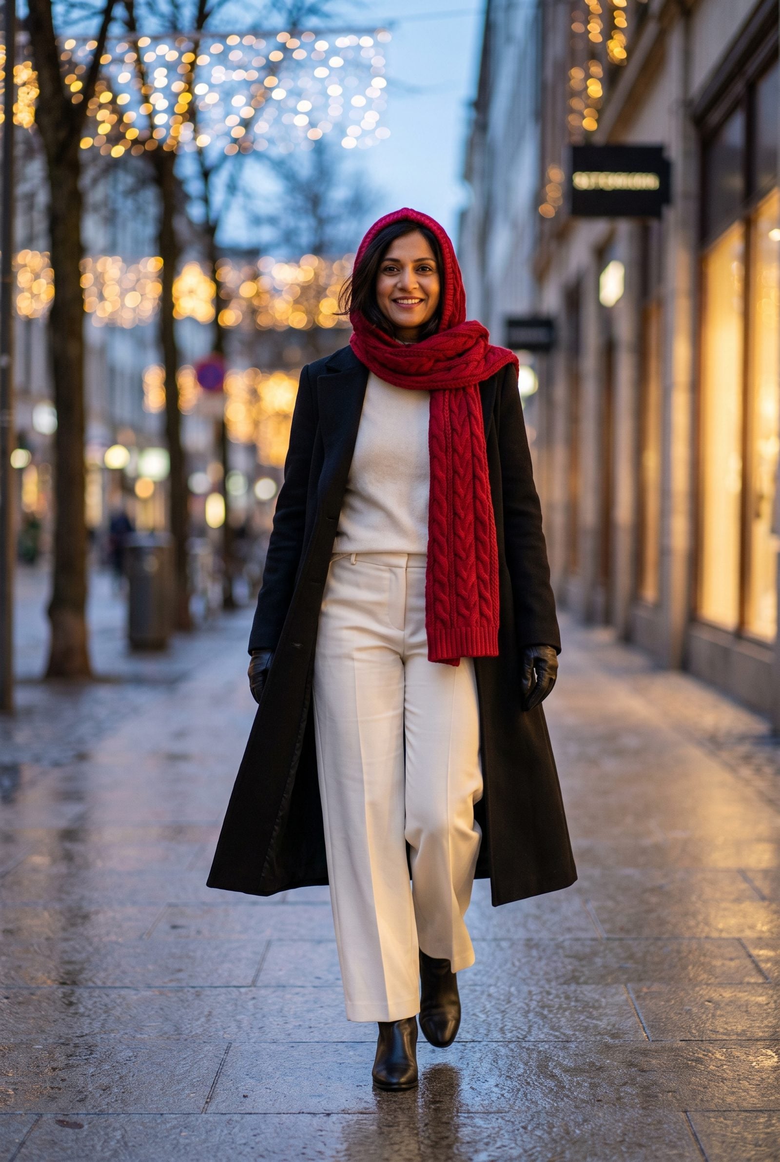 Black Coat and Ivory Trousers With a Red Knit Hood