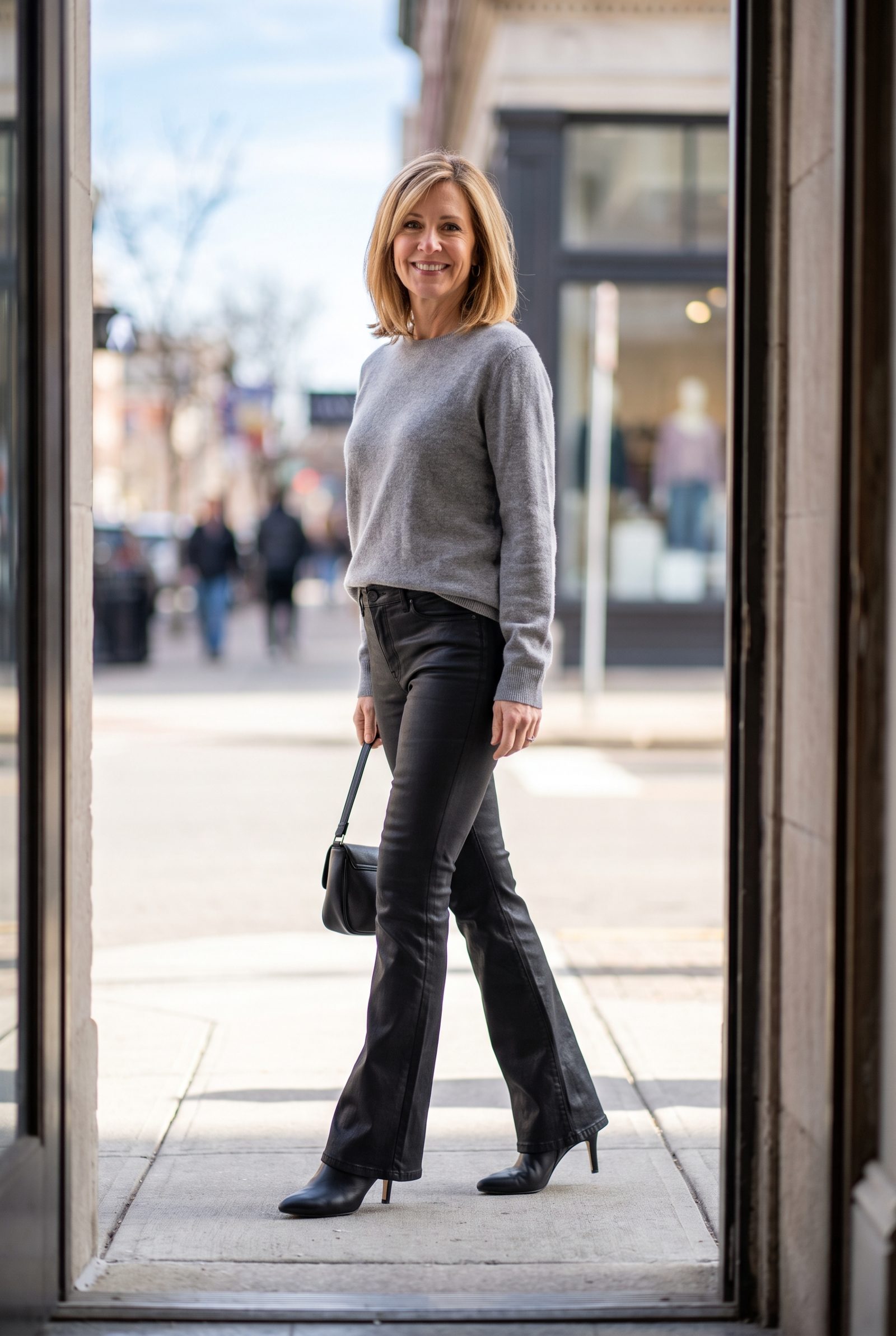 Black Coated Flare Jeans + Gray Cashmere Crewneck