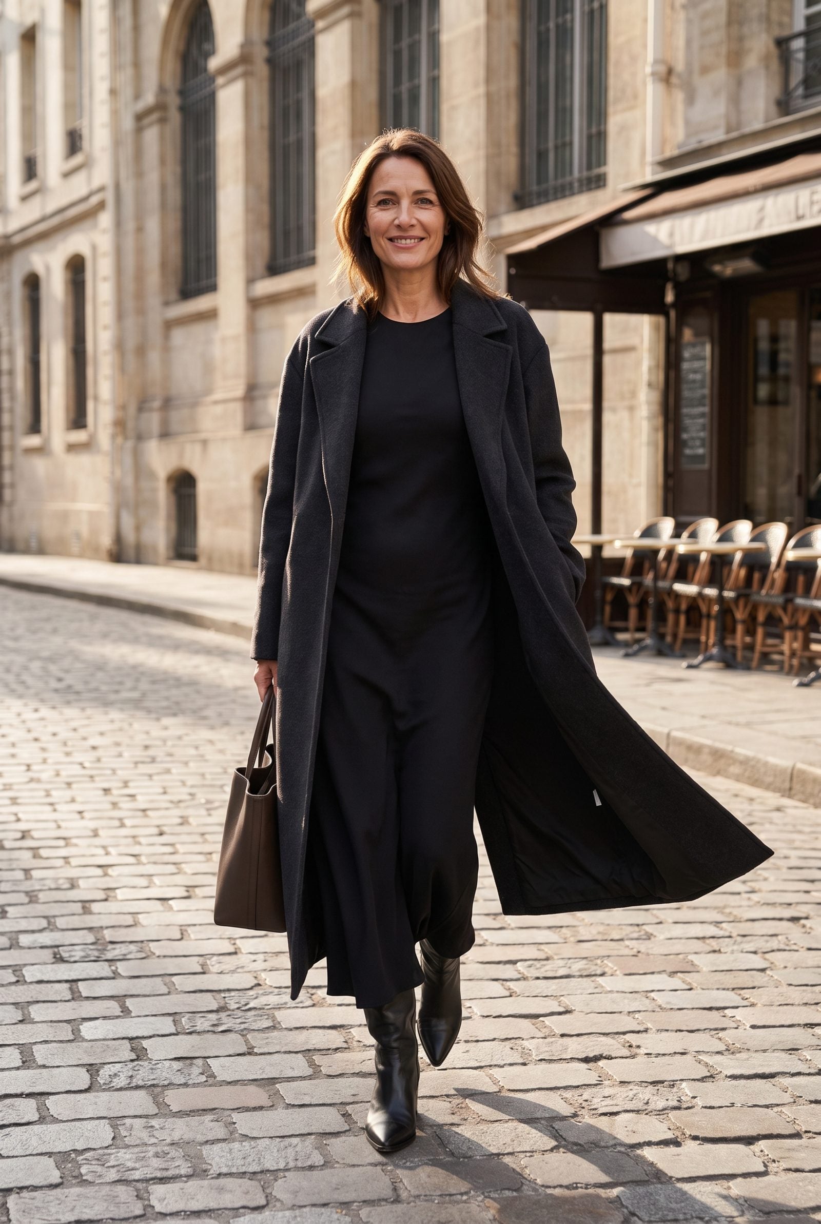 Black Column Dress Under an Open Charcoal Maxi Coat