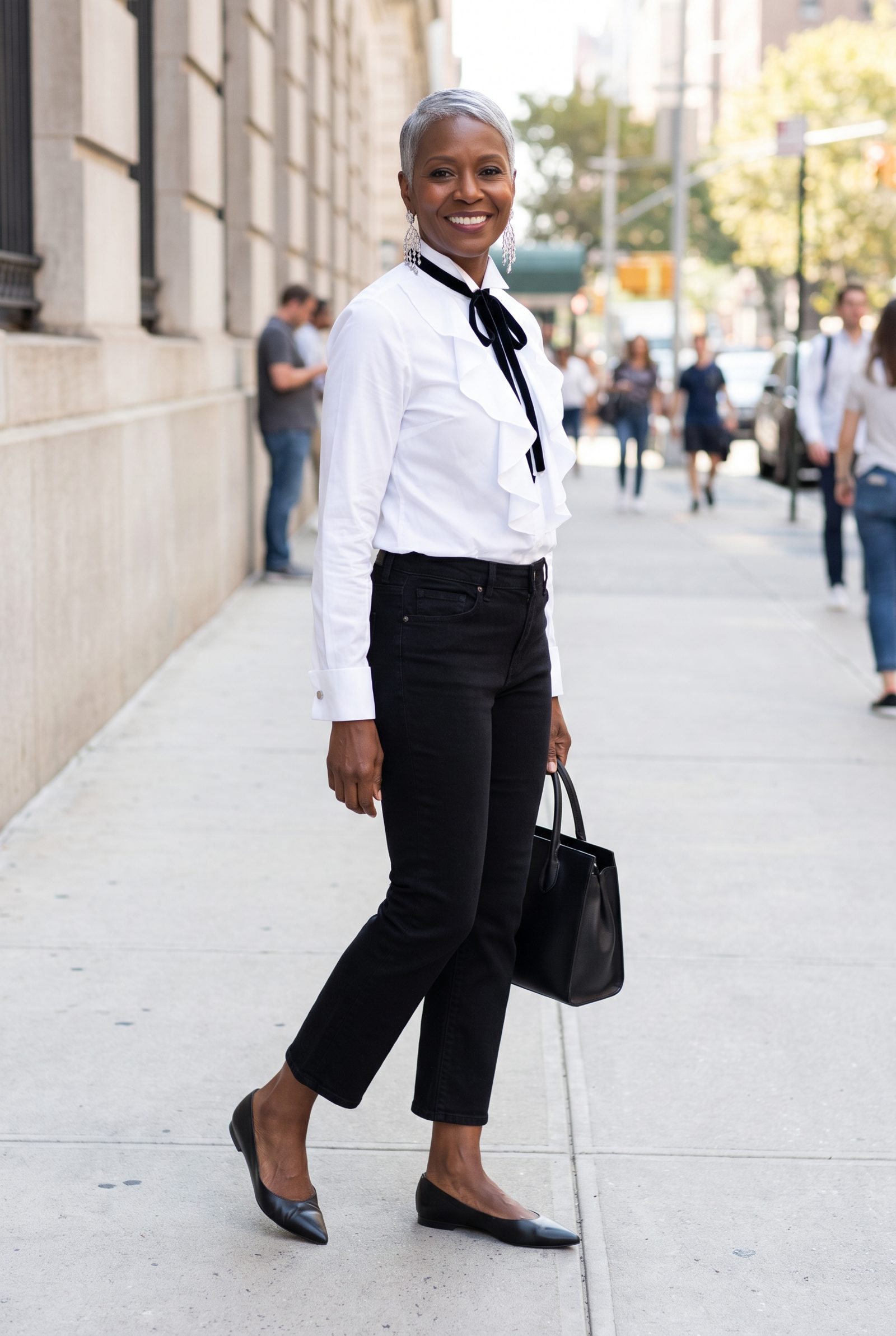 Black Cropped Jeans With a White Ruffle Tuxedo Blouse