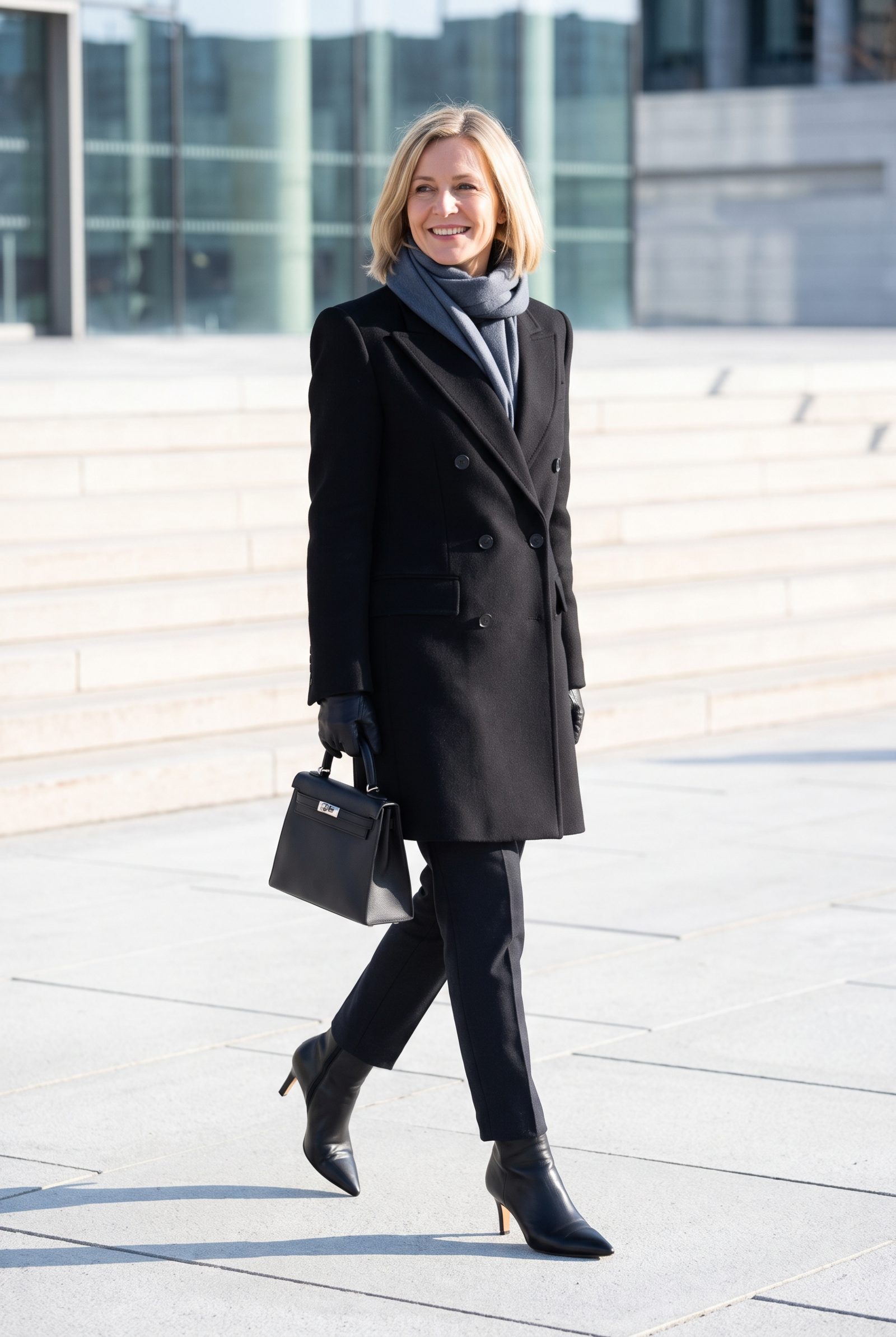 Black Double-Breasted Coat + Pointed Ankle Boots