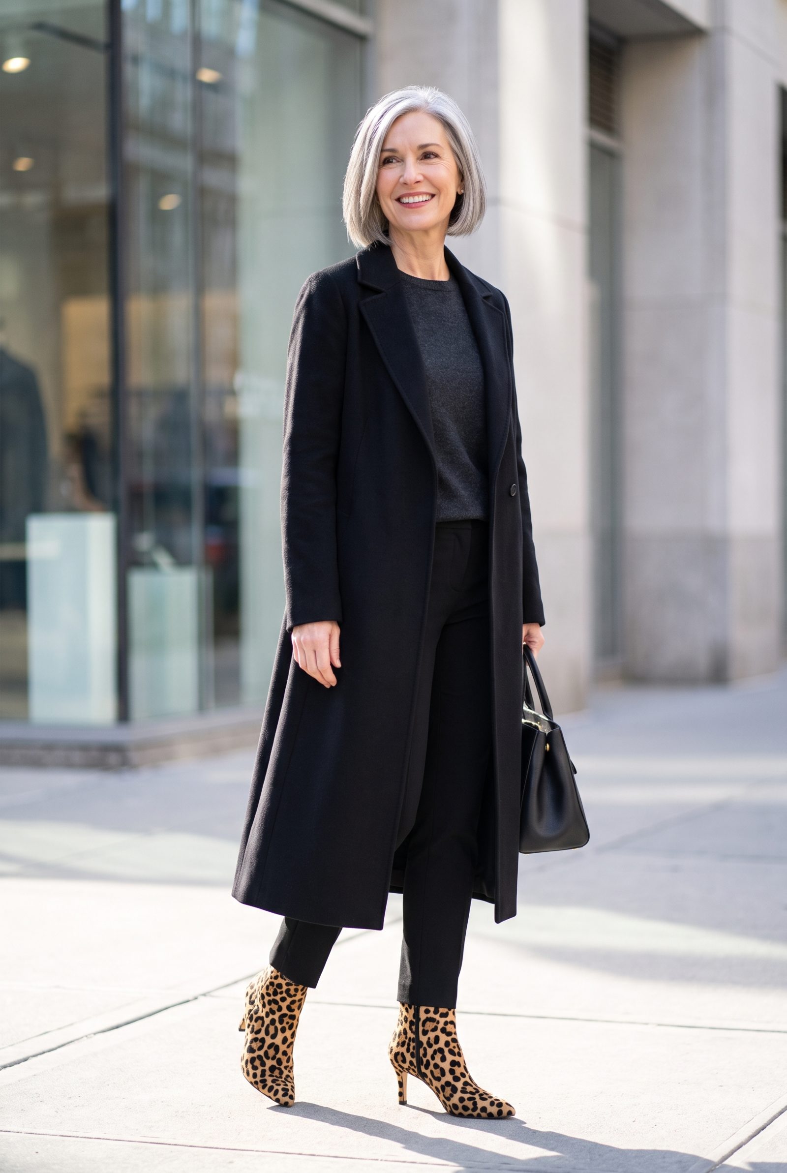 Black Duster Coat + Leopard-Print Ankle Boots