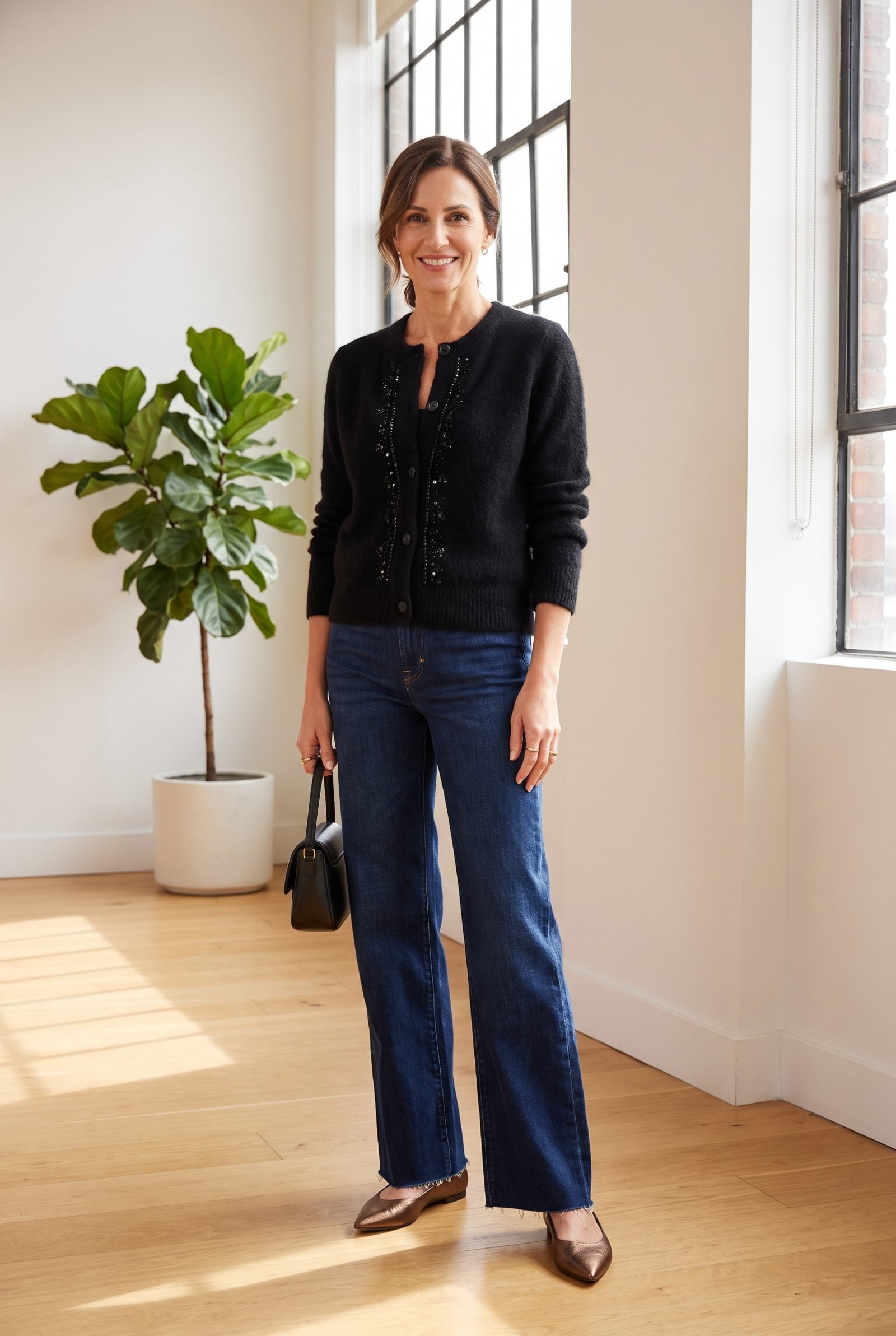 Black Embellished Cardigan + Indigo Wide-Leg Jeans