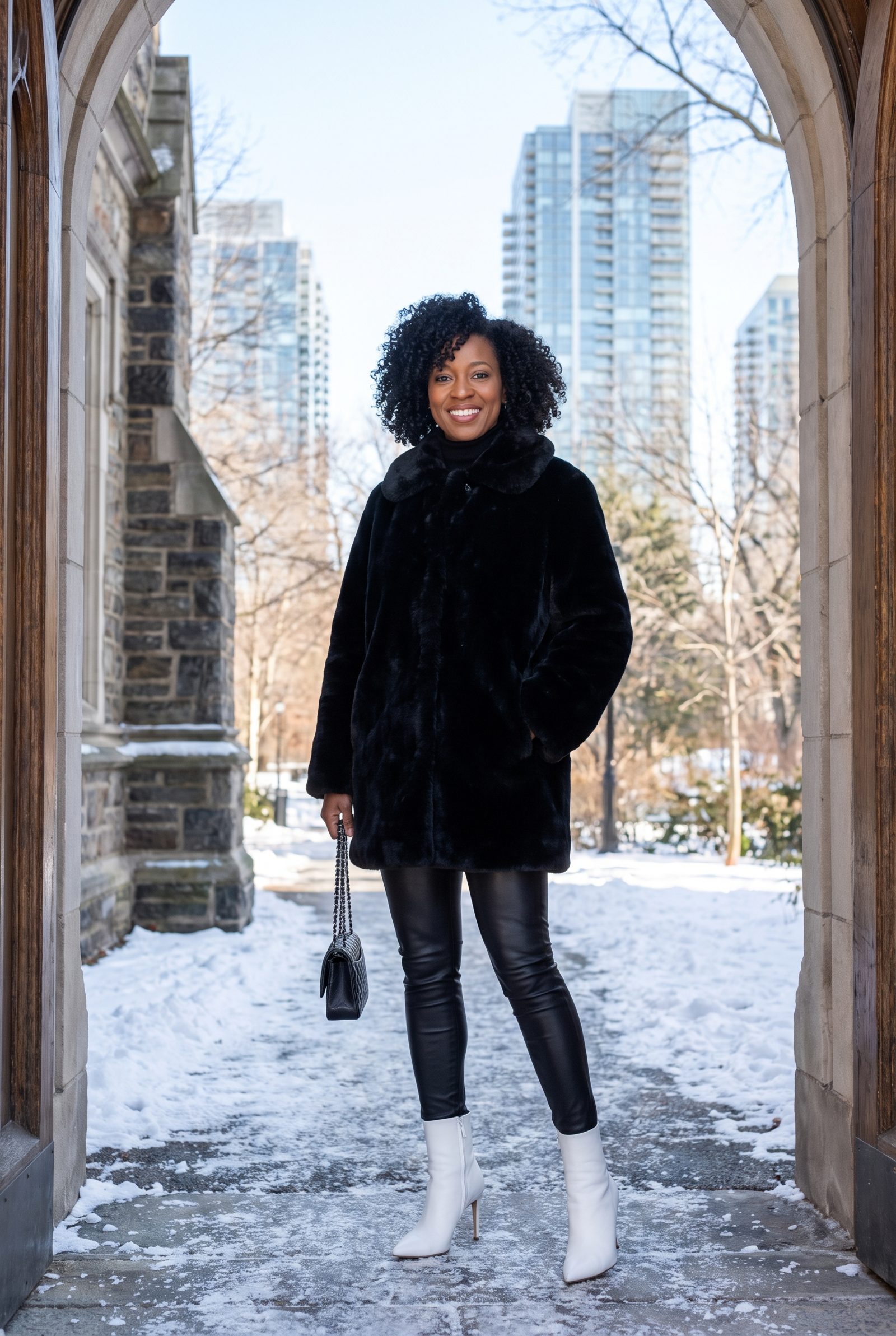 Black Faux-Fur Coat + Sleek White Ankle Boots